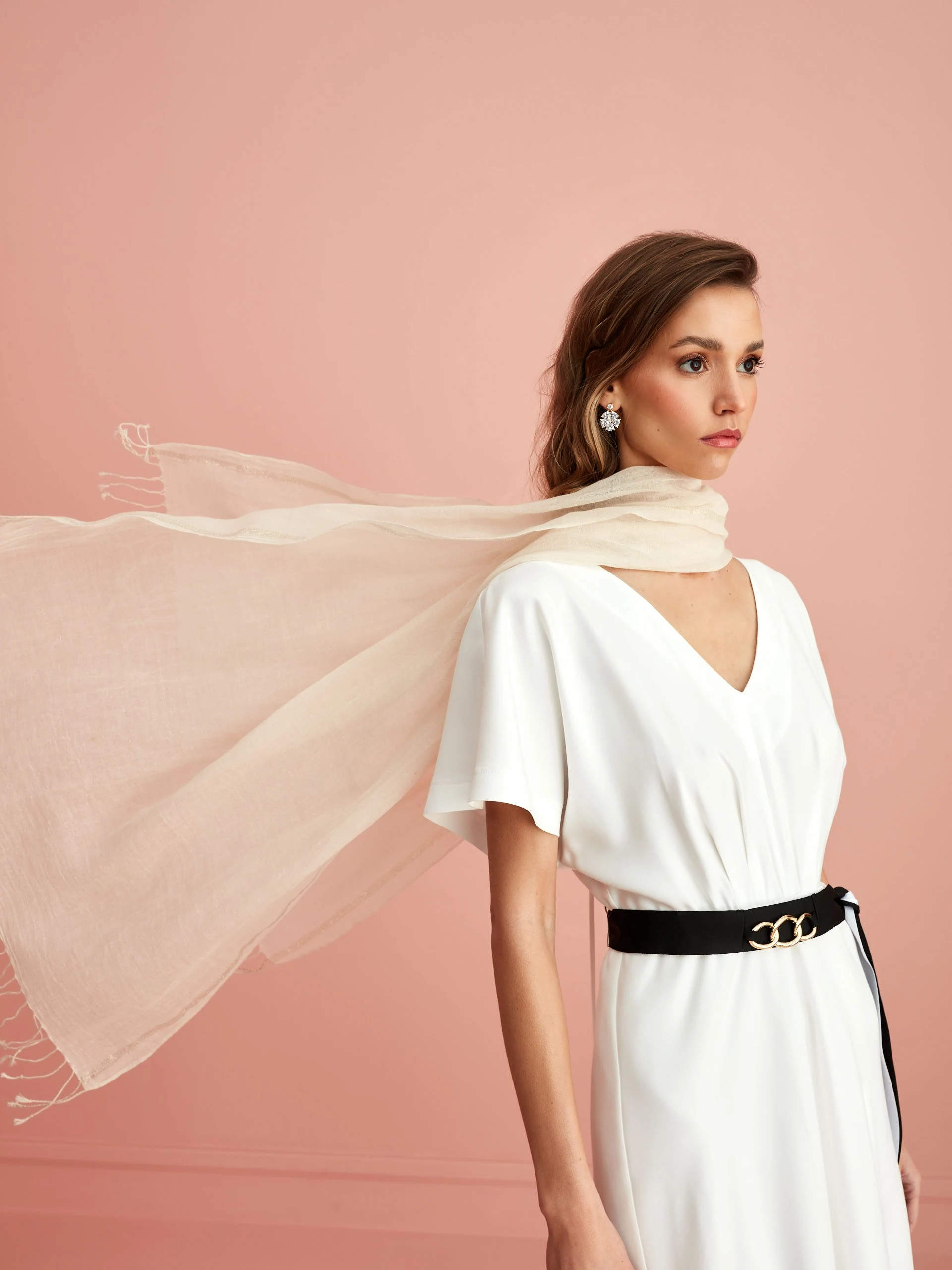 WHITE DRESS WITH BLACK SASH BELT