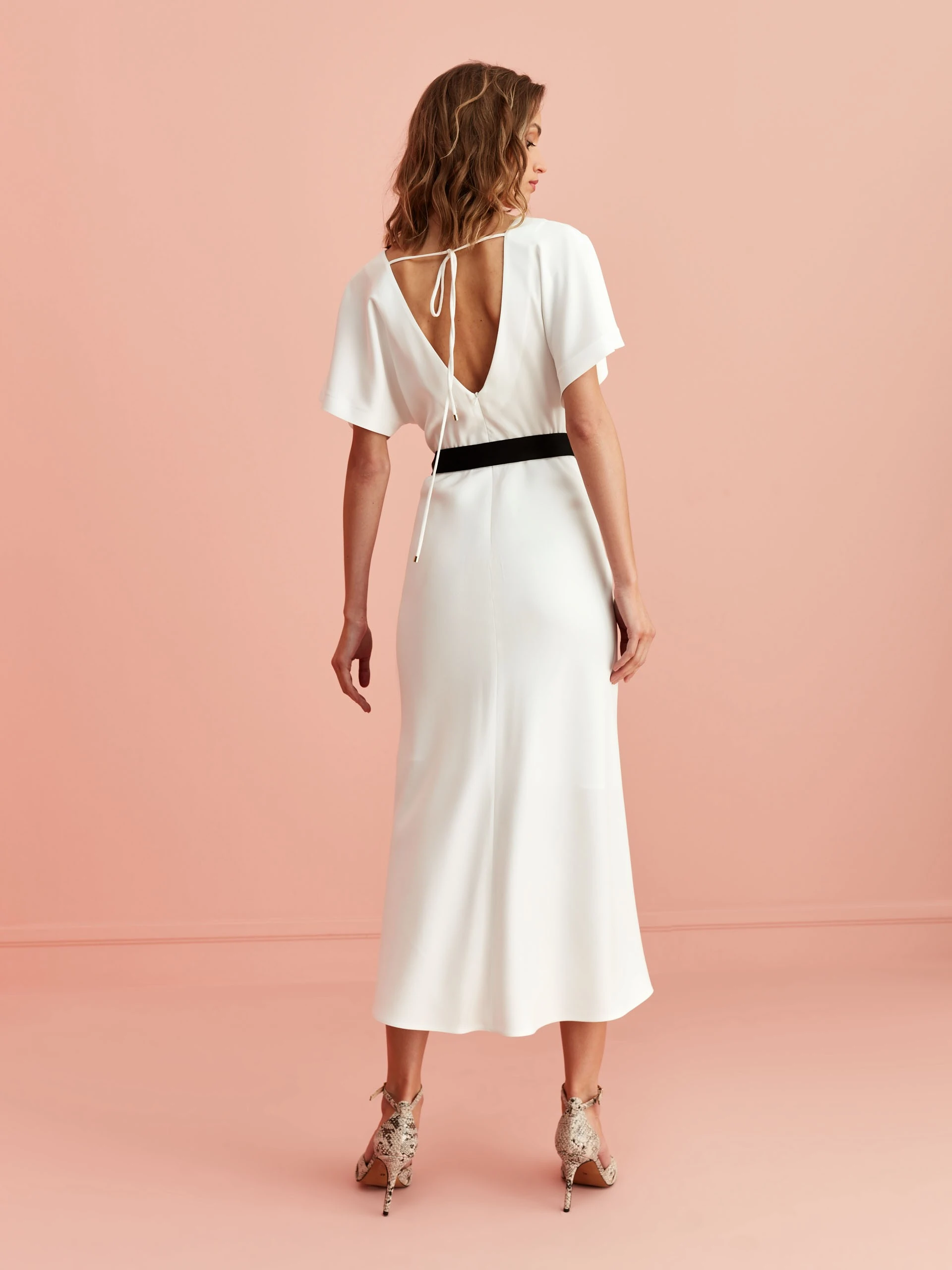 WHITE DRESS WITH BLACK SASH BELT