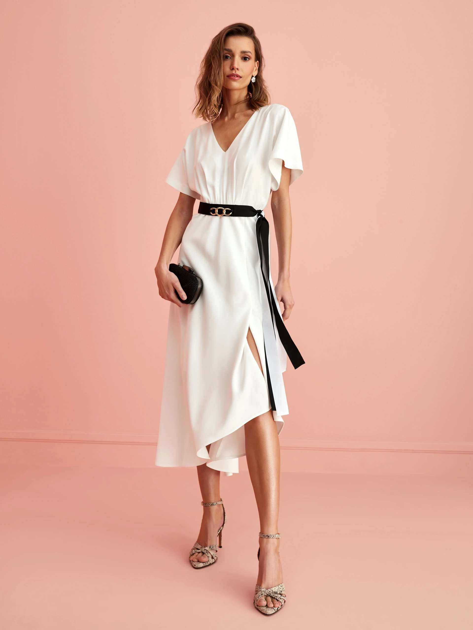 WHITE DRESS WITH BLACK SASH BELT