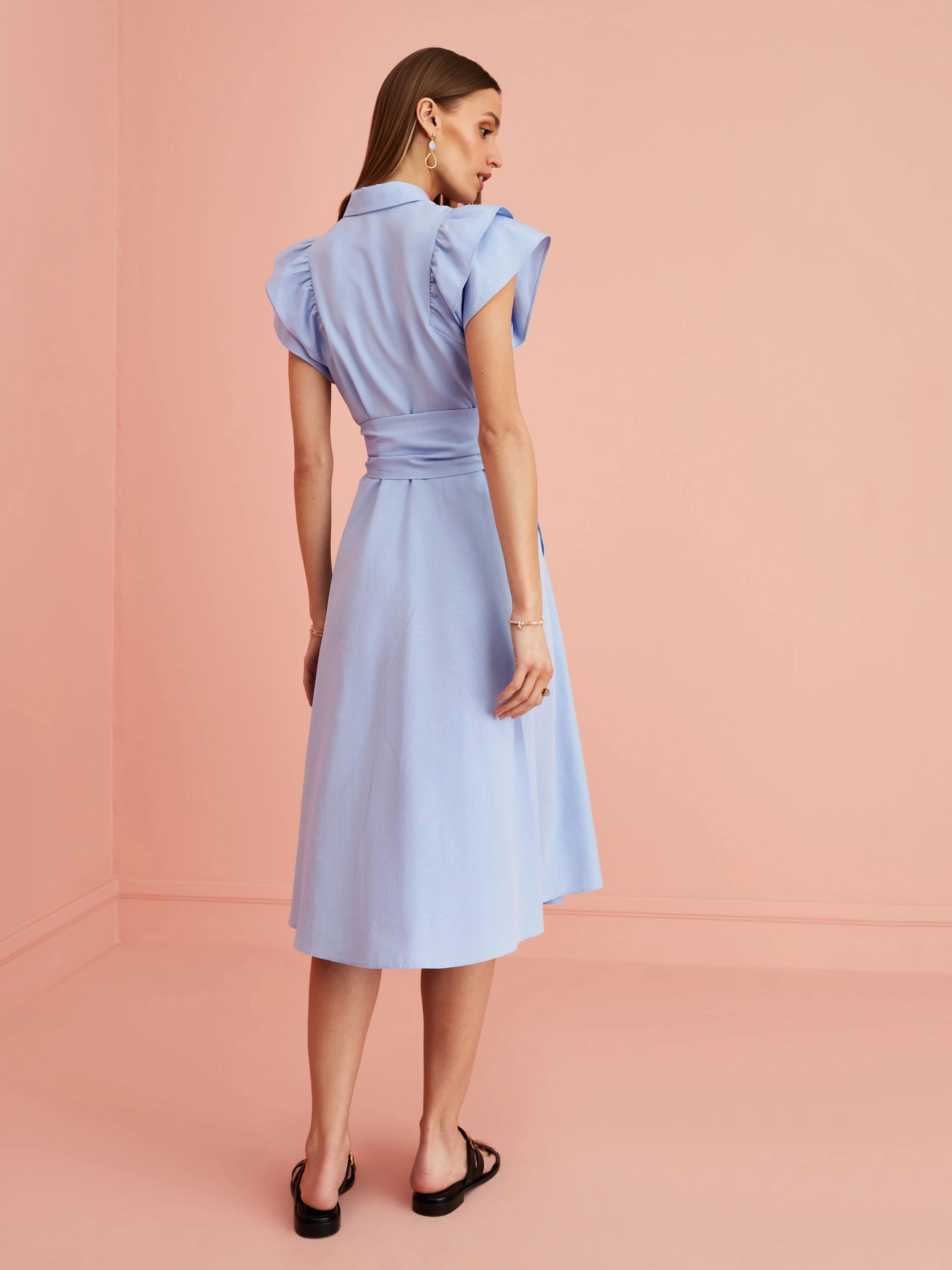 BLUE DRESS WITH RUFFLED SLEEVES