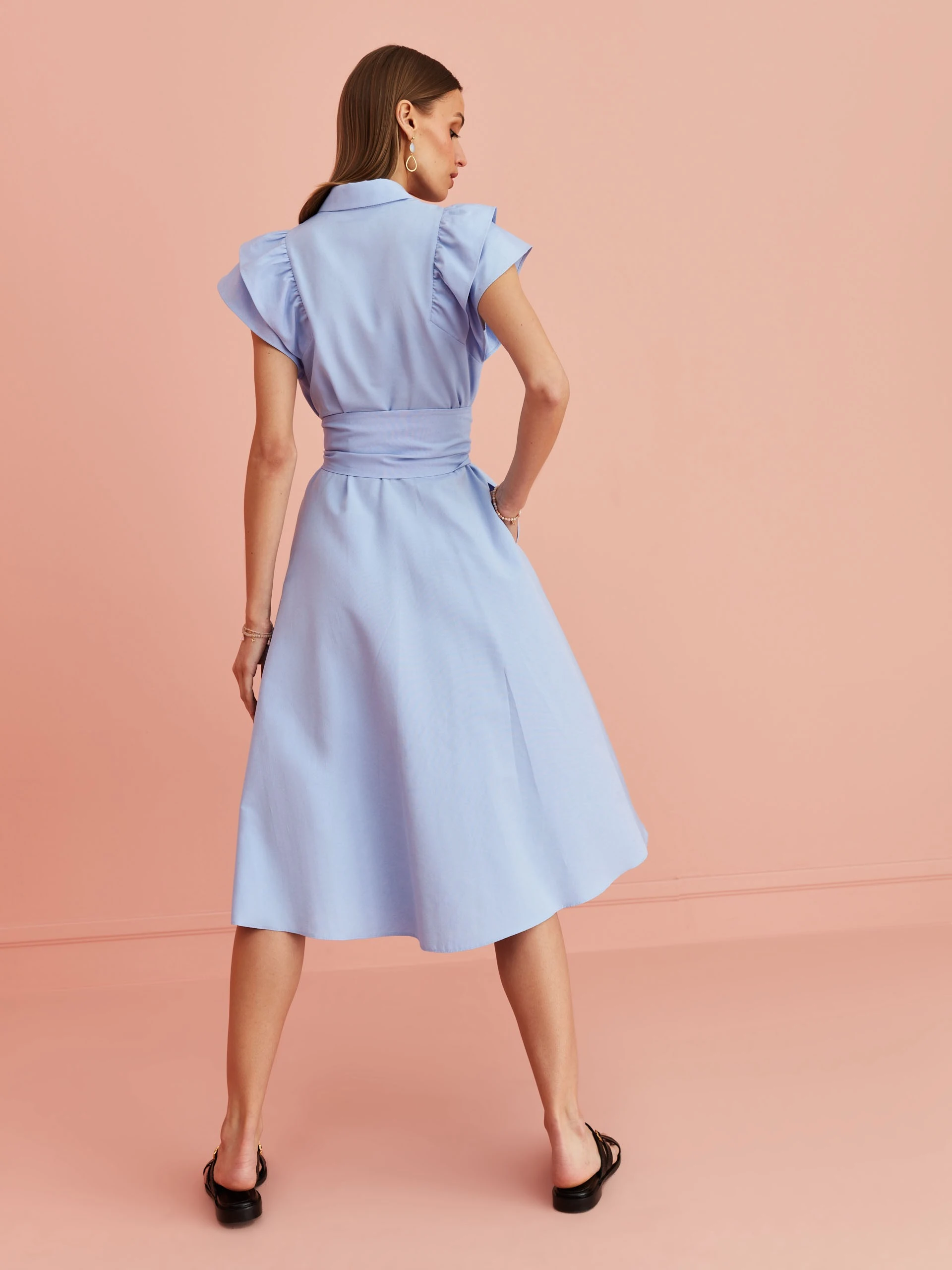 BLUE DRESS WITH RUFFLED SLEEVES