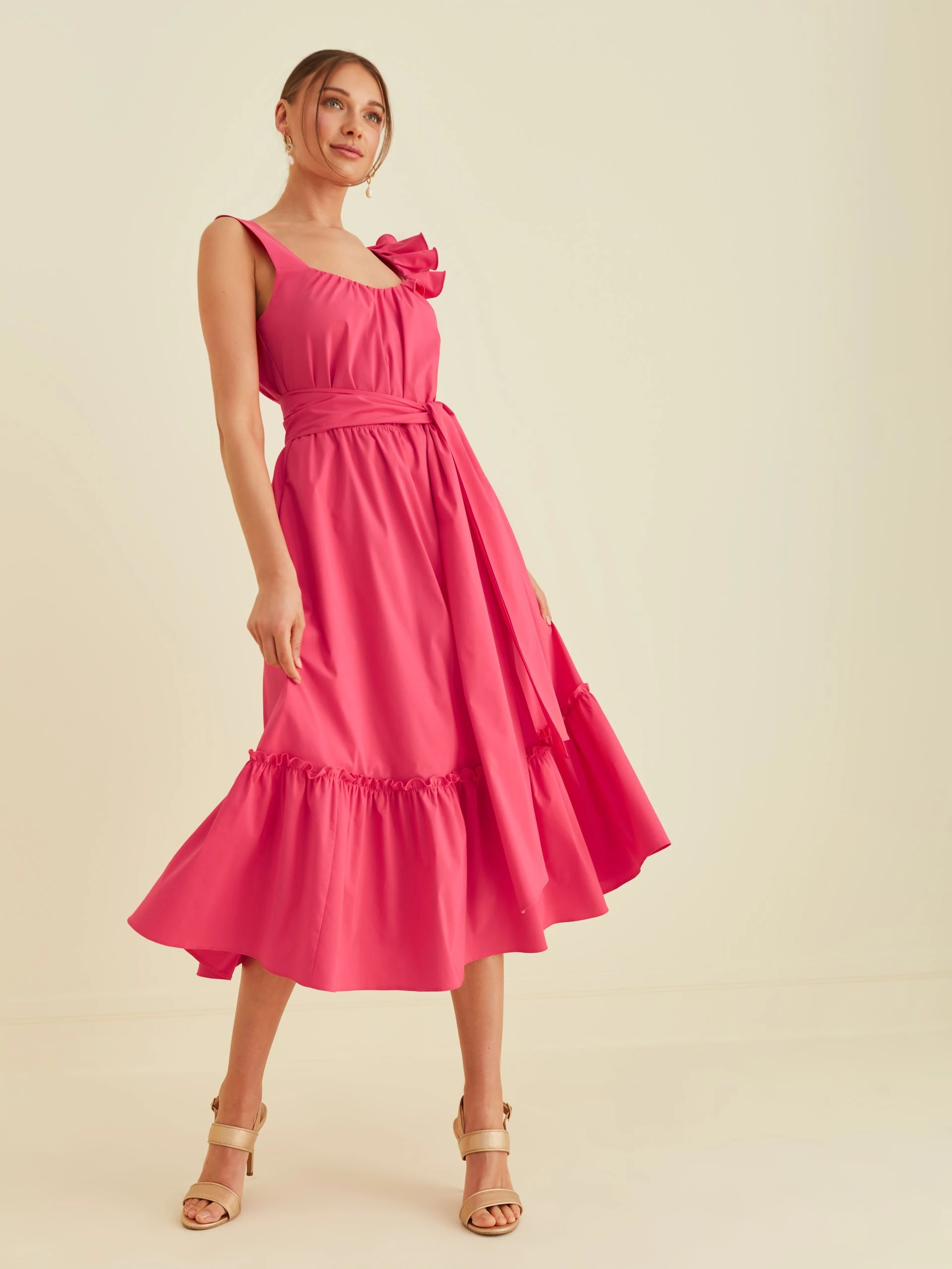 PINK DRESS WITH FRILLS AND WAIST TIE