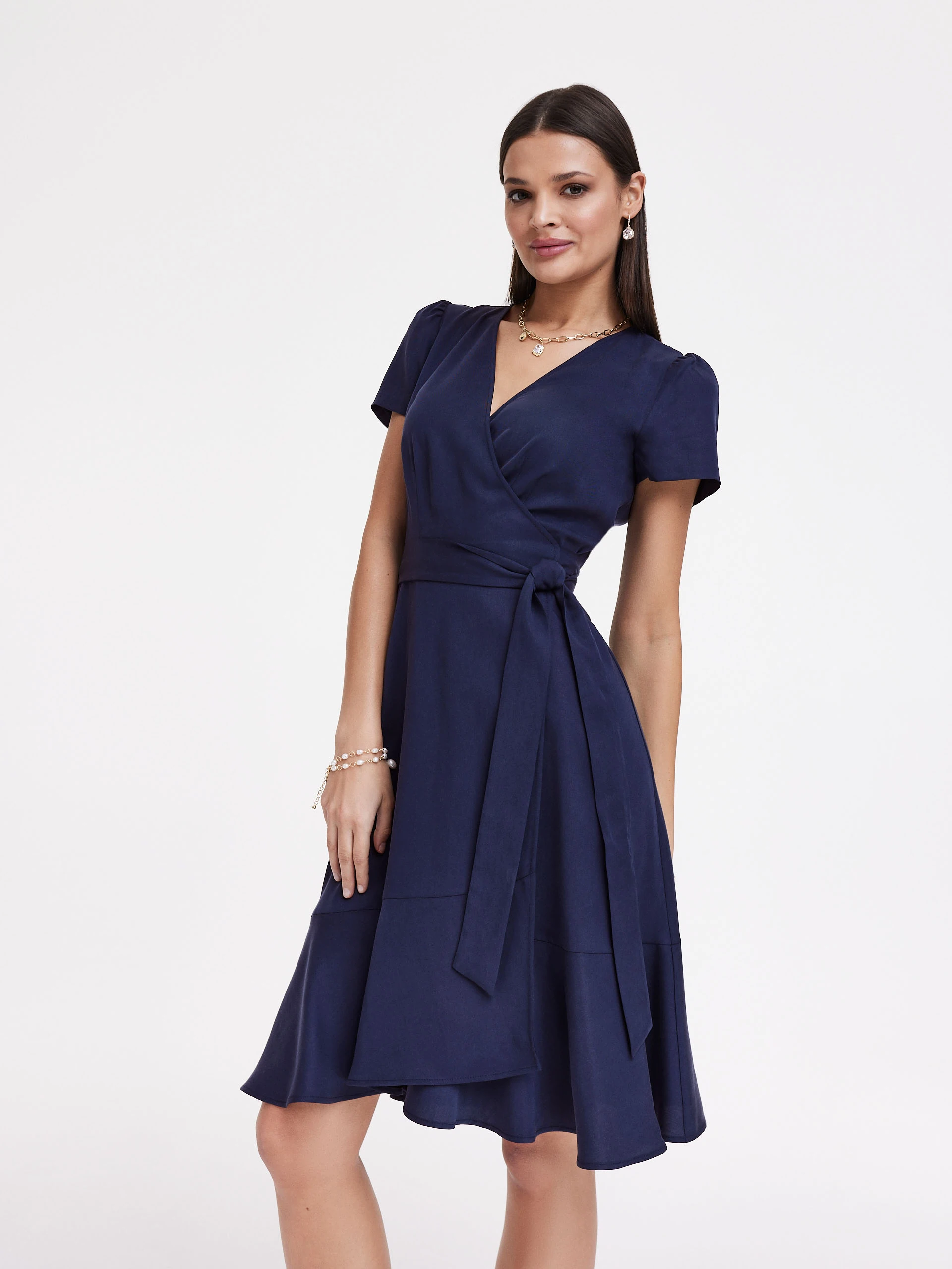 Navy blue dress with envelope neckline