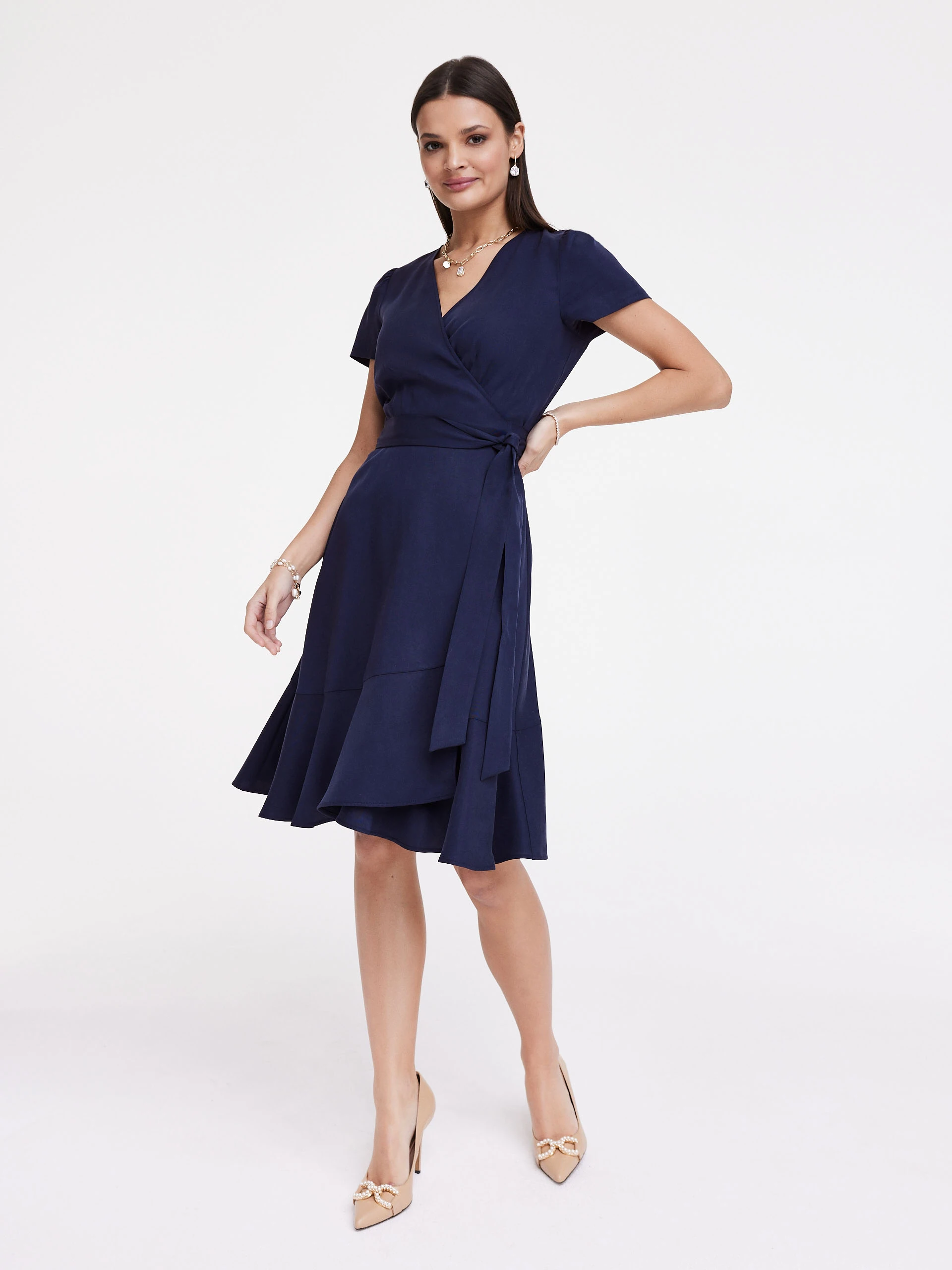 Navy blue dress with envelope neckline