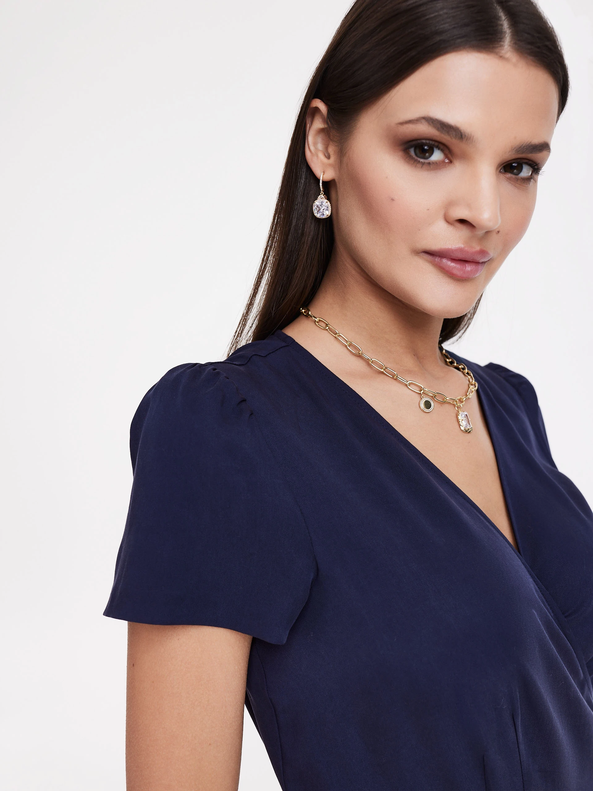 Navy blue dress with envelope neckline