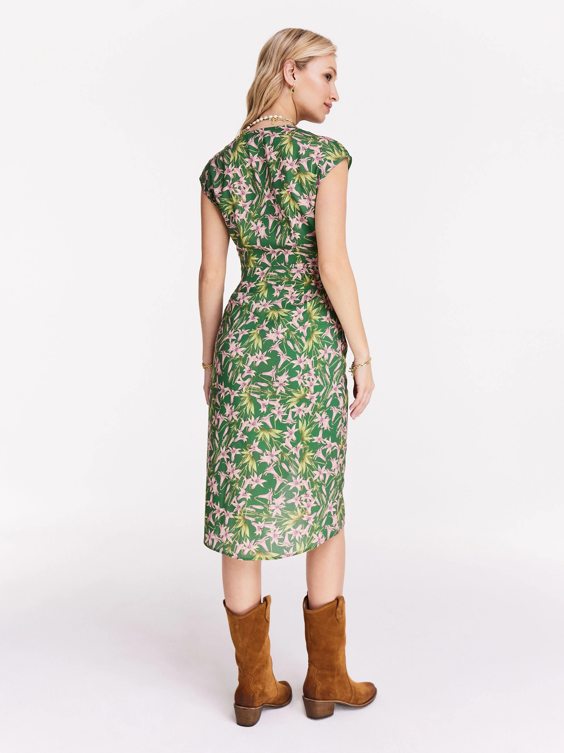 Asymmetrical green dress with exotic flowers