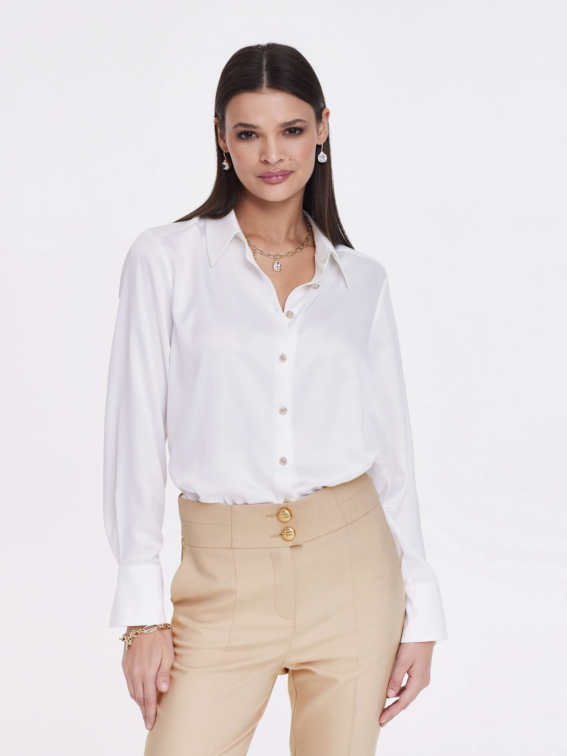 Beige cigarette pants with gold buttons