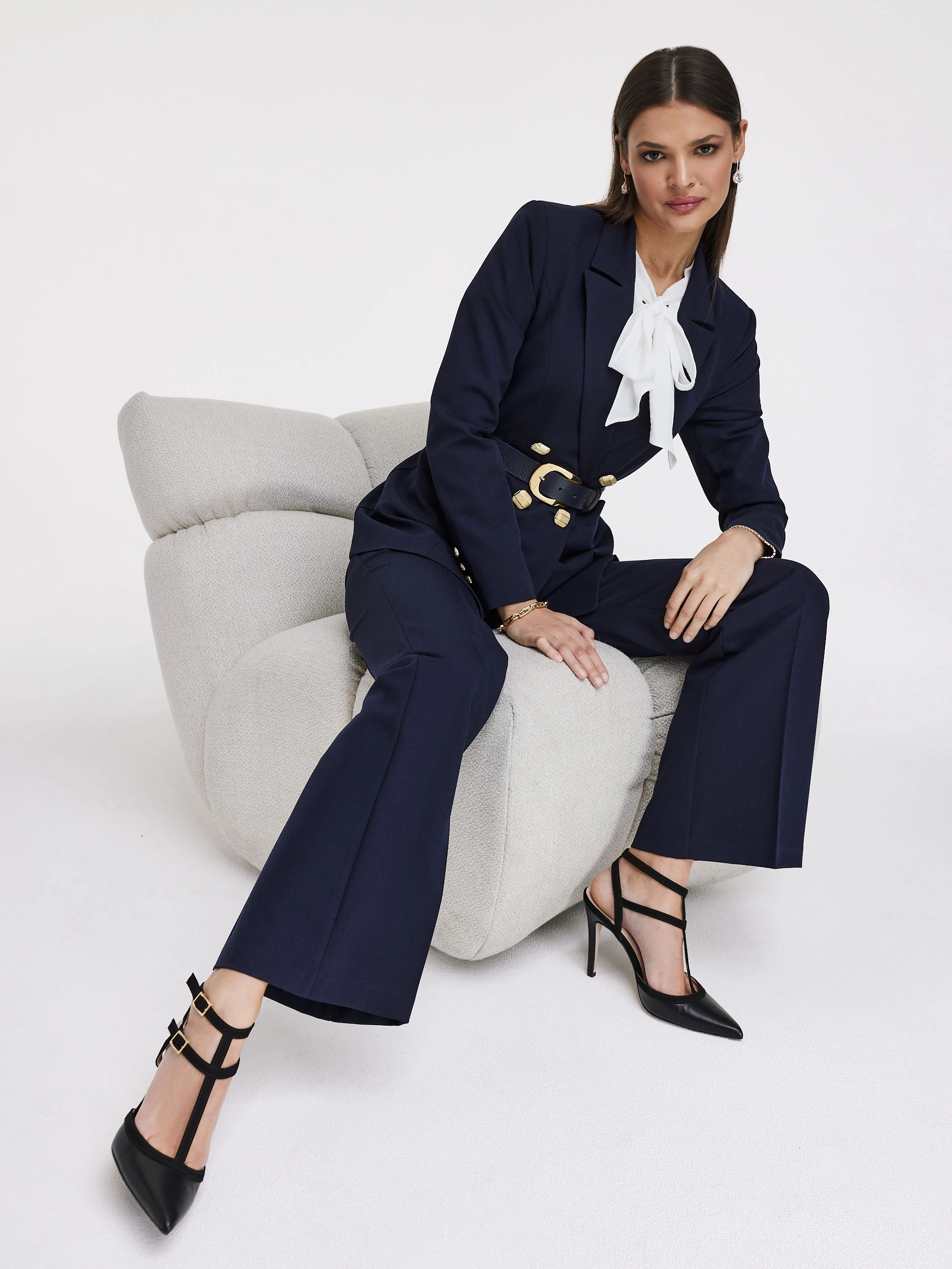 Navy blue suit pants with wide legs