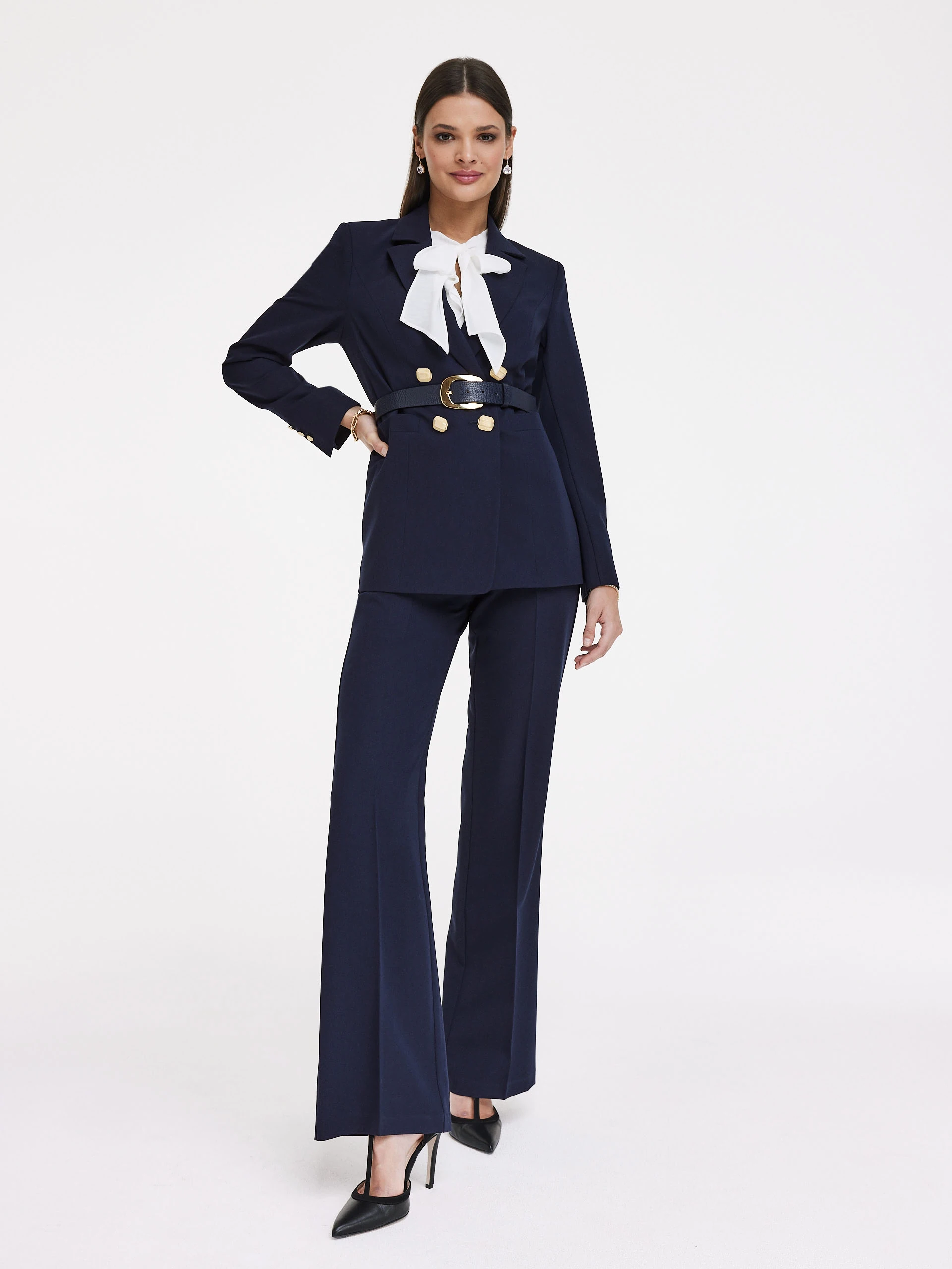 Navy blue suit pants with wide legs
