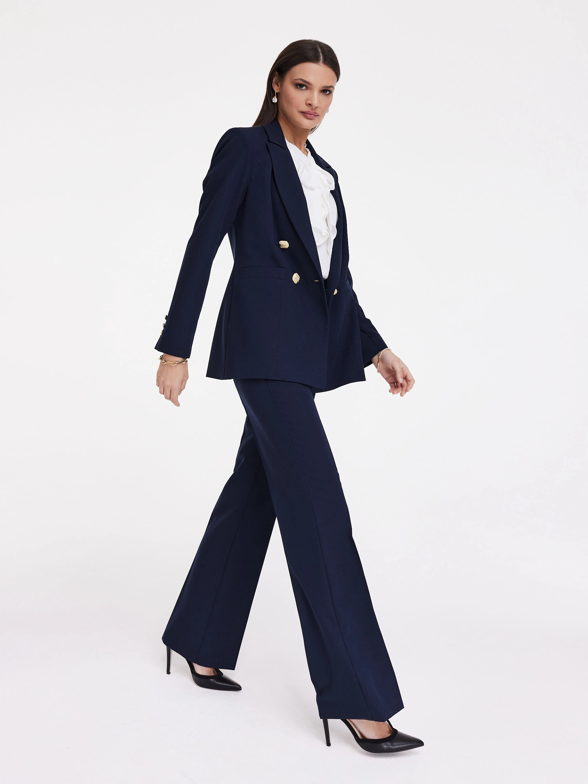 Navy blue suit pants with wide legs