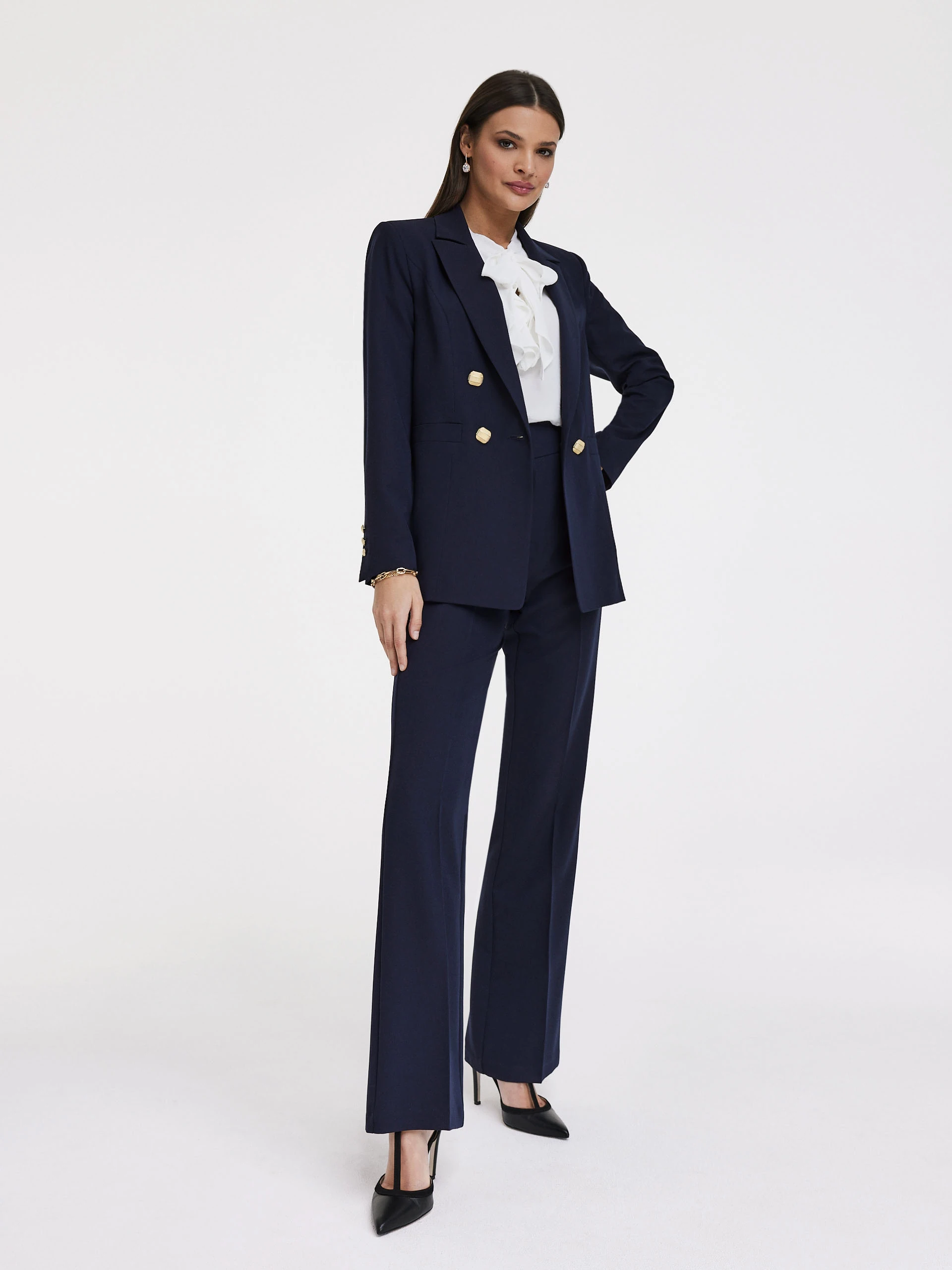 Navy blue suit pants with wide legs