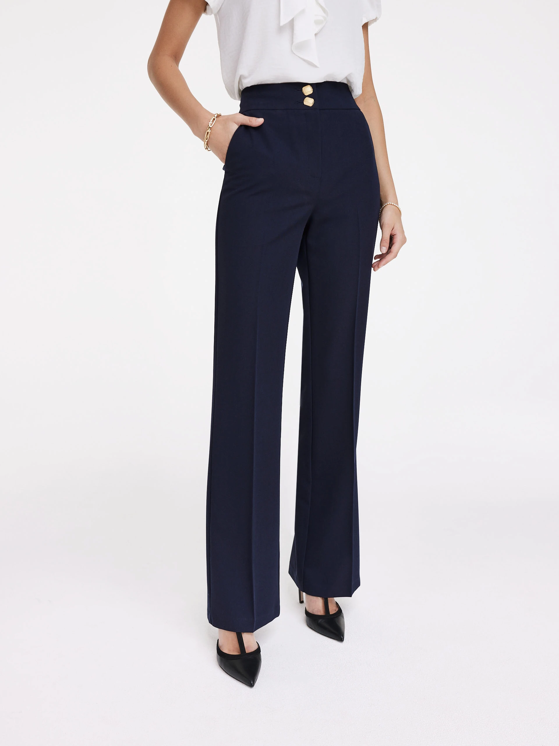 Navy blue suit pants with wide legs