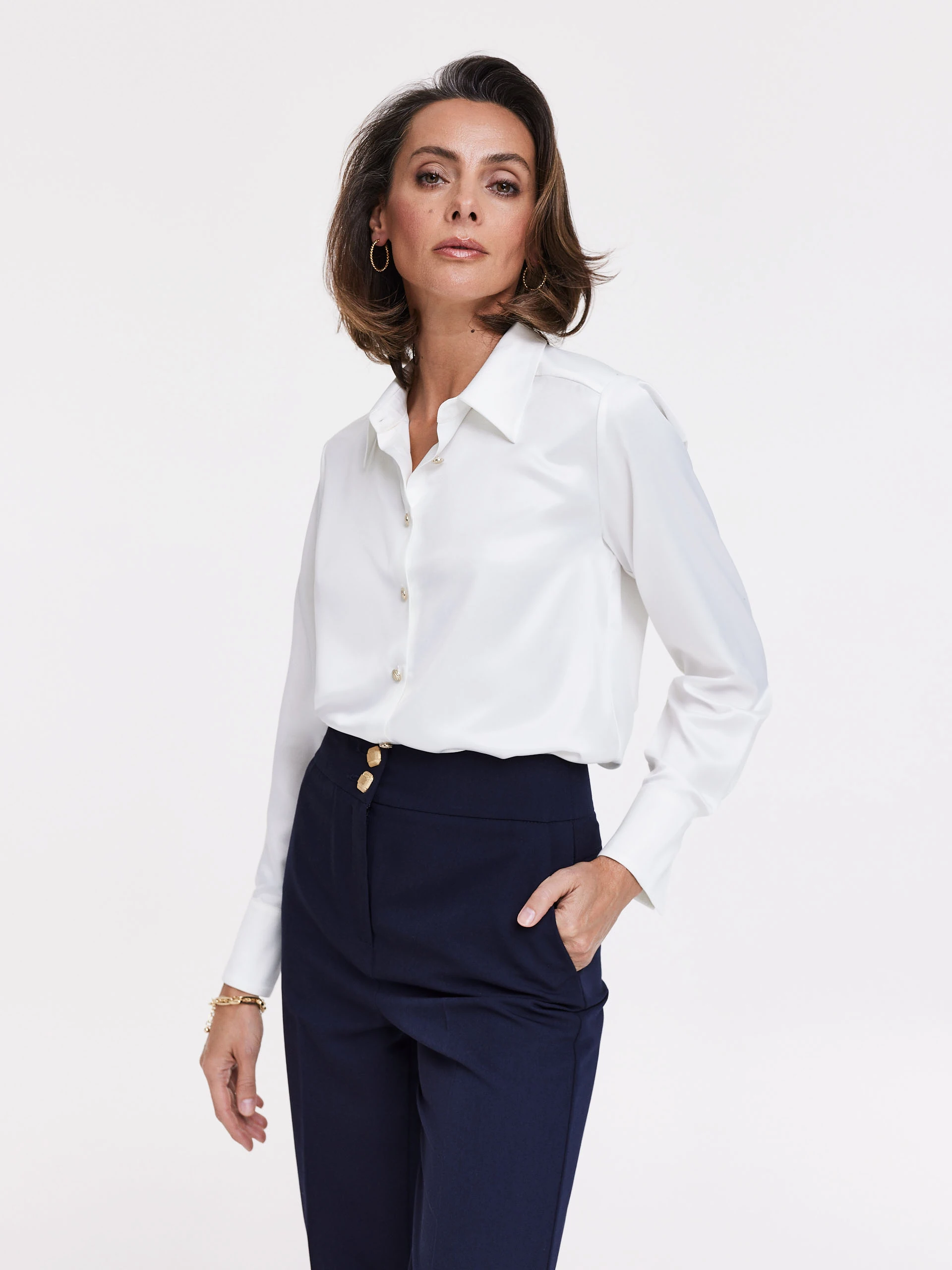 Navy blue suit pants with wide legs