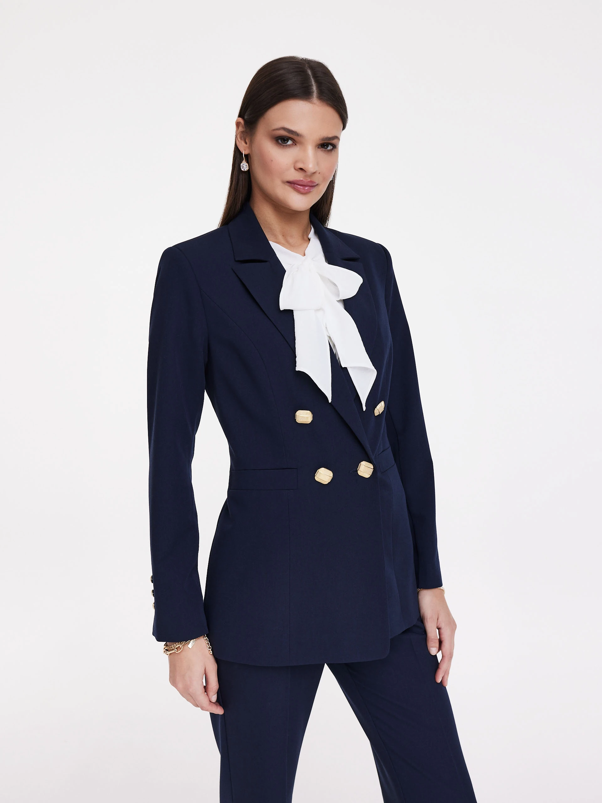 Navy blue jacket with gold buttons