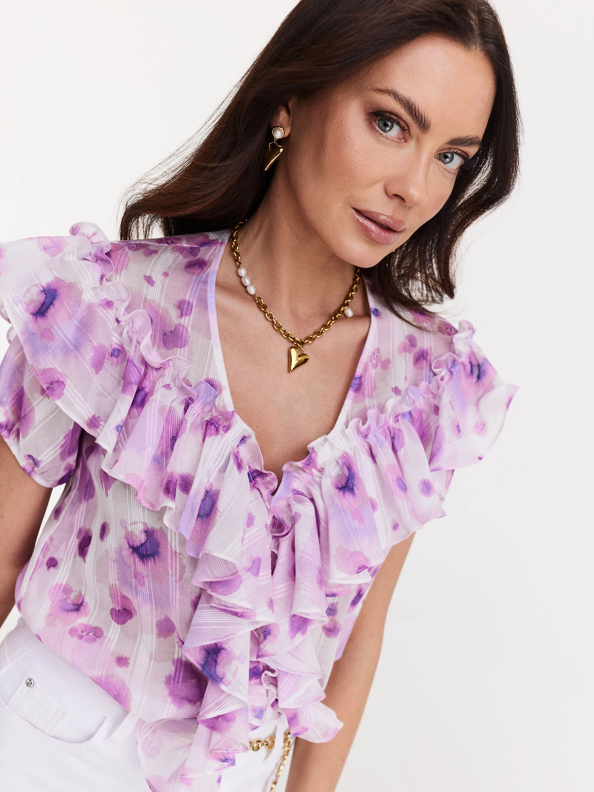 Airy blouse with jabot in purple flowers