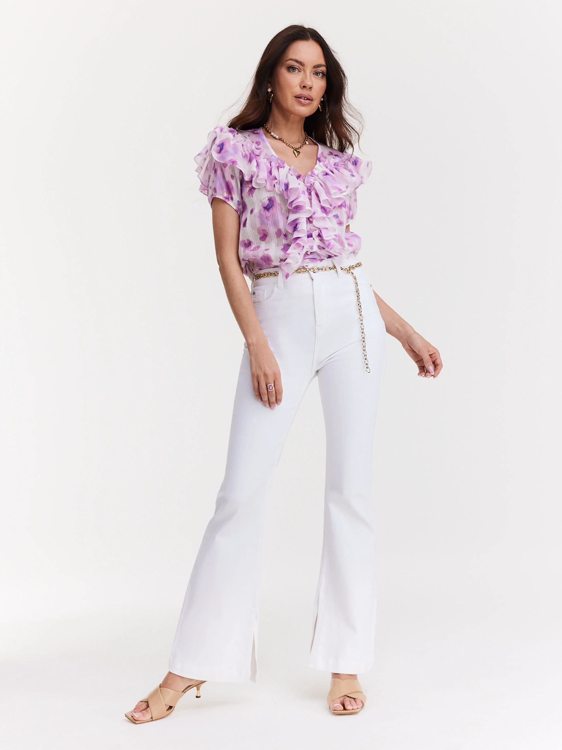 Airy blouse with jabot in purple flowers