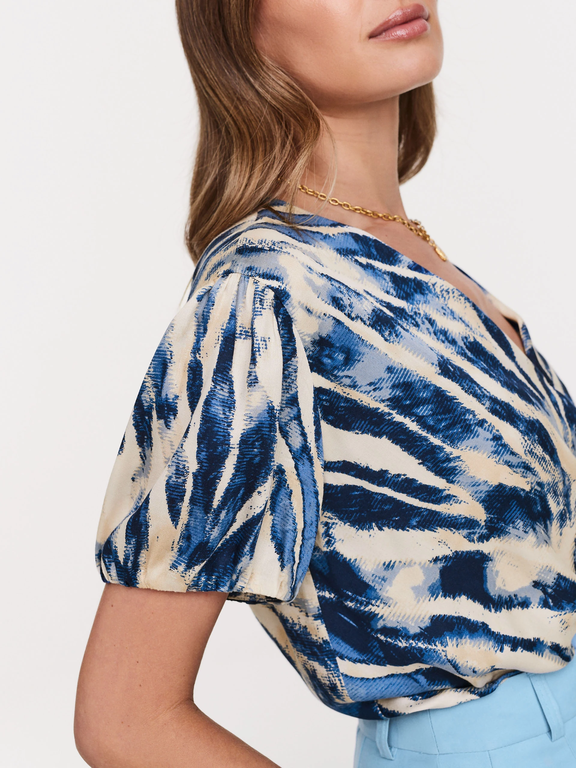 Blouse with buff sleeves and blue shades