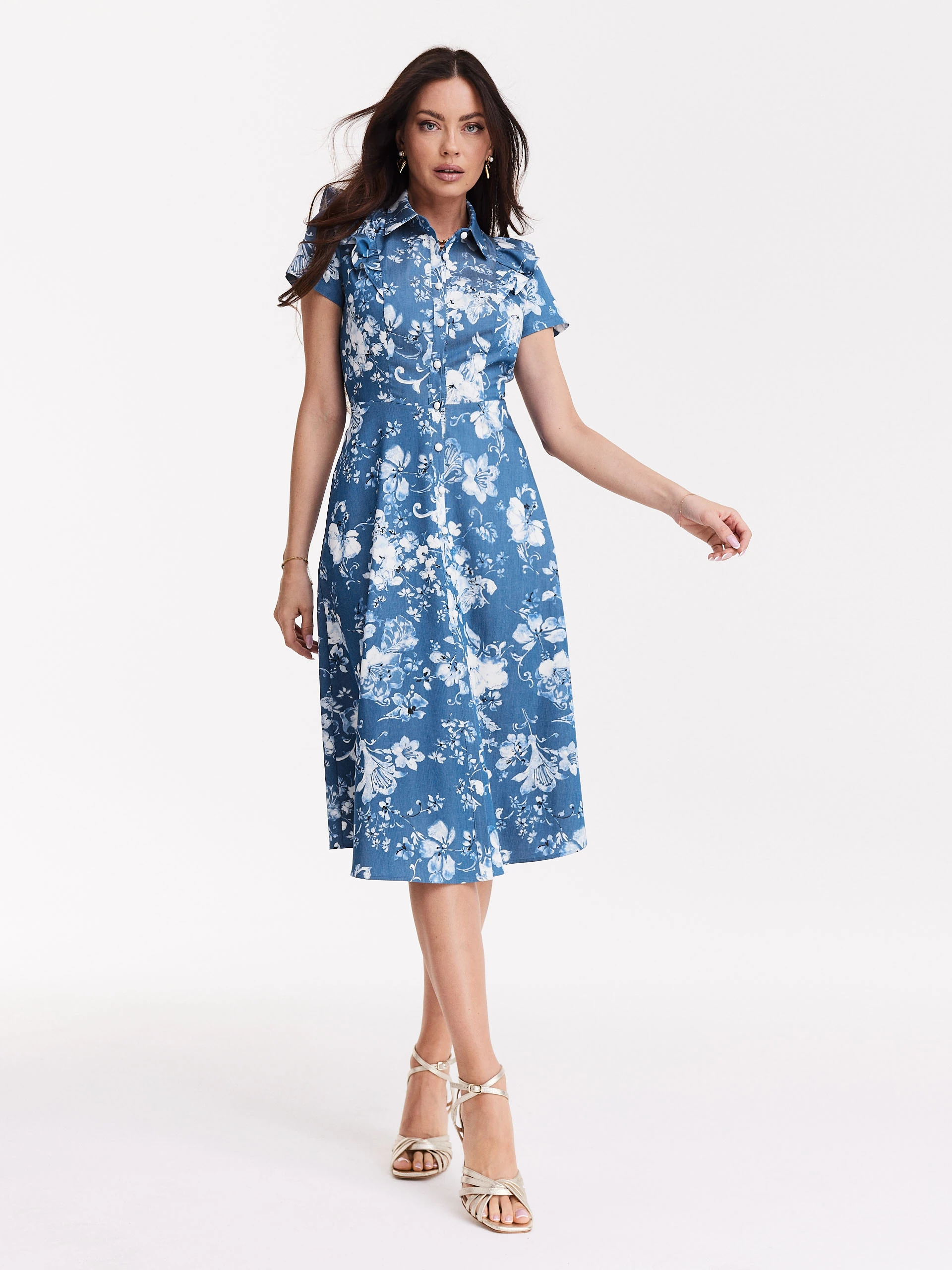 Blue emery type dress with white floral pattern
