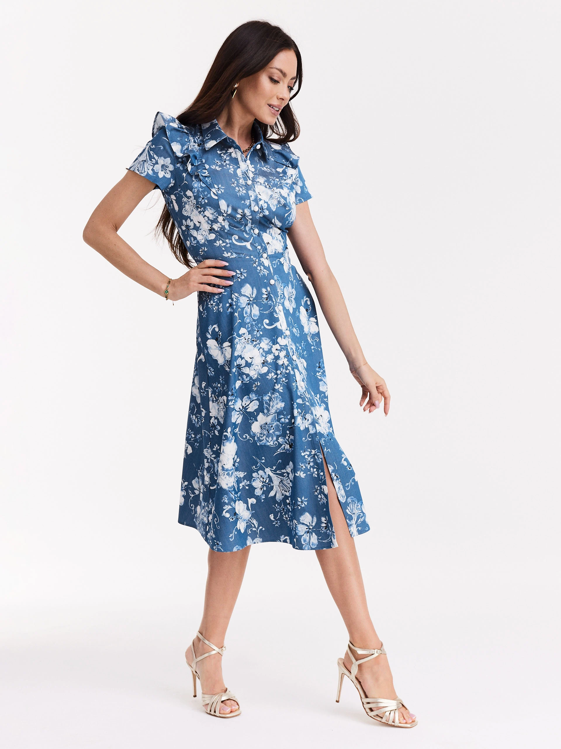 Blue emery type dress with white floral pattern