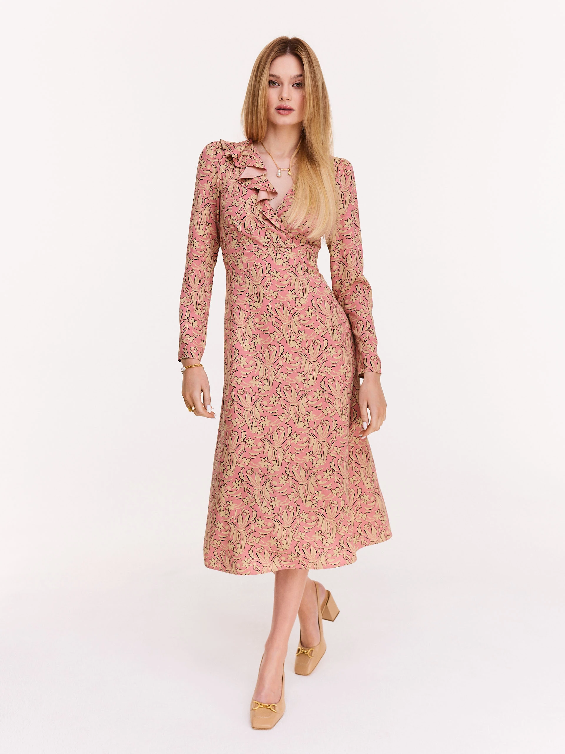 Pink floral pattern midi dress