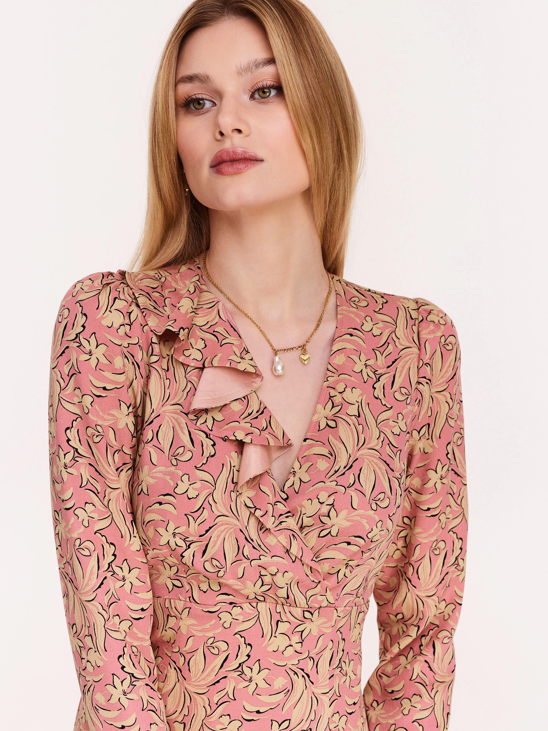 Pink floral pattern midi dress