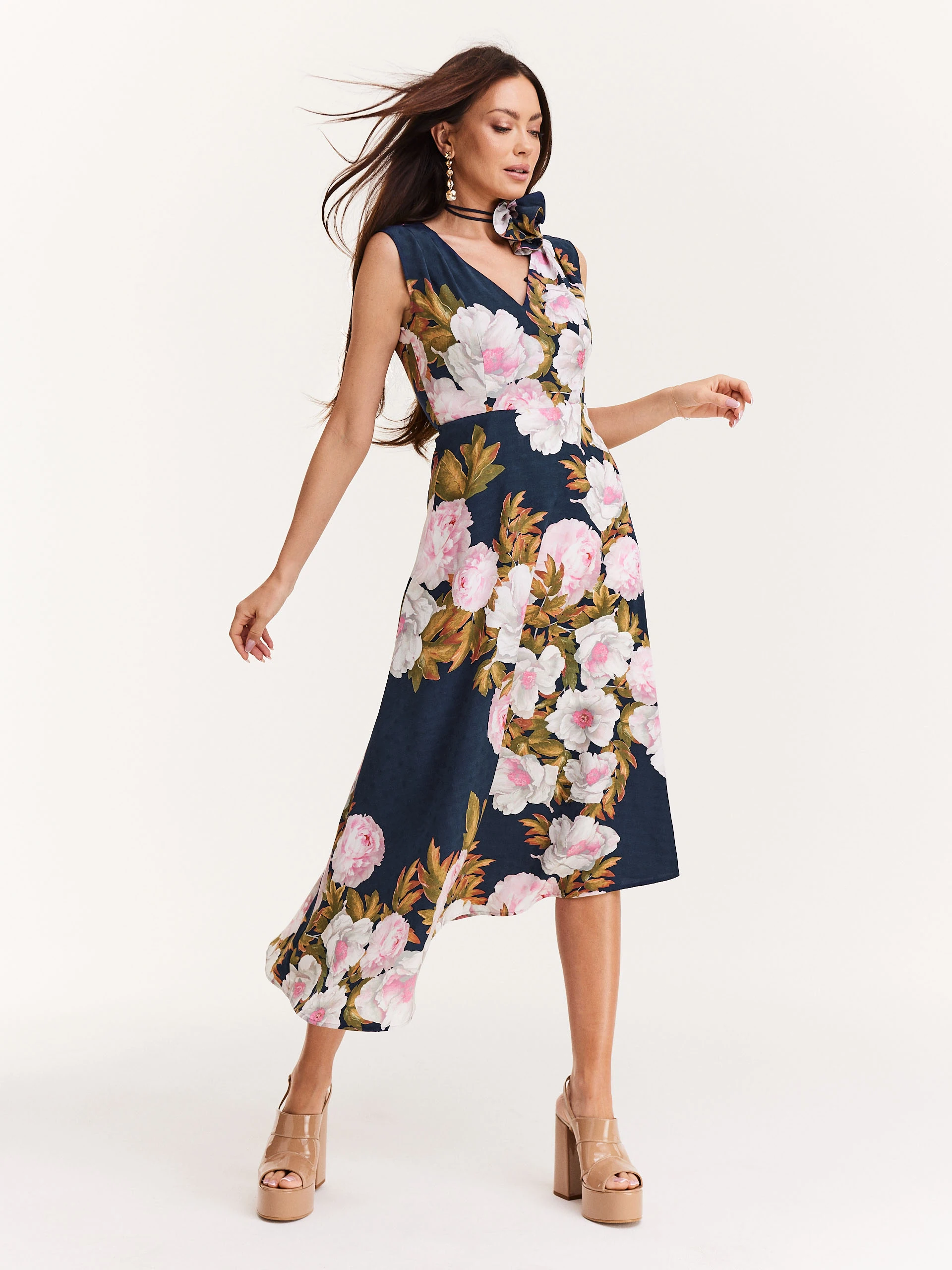 Navy blue viscose floral dress