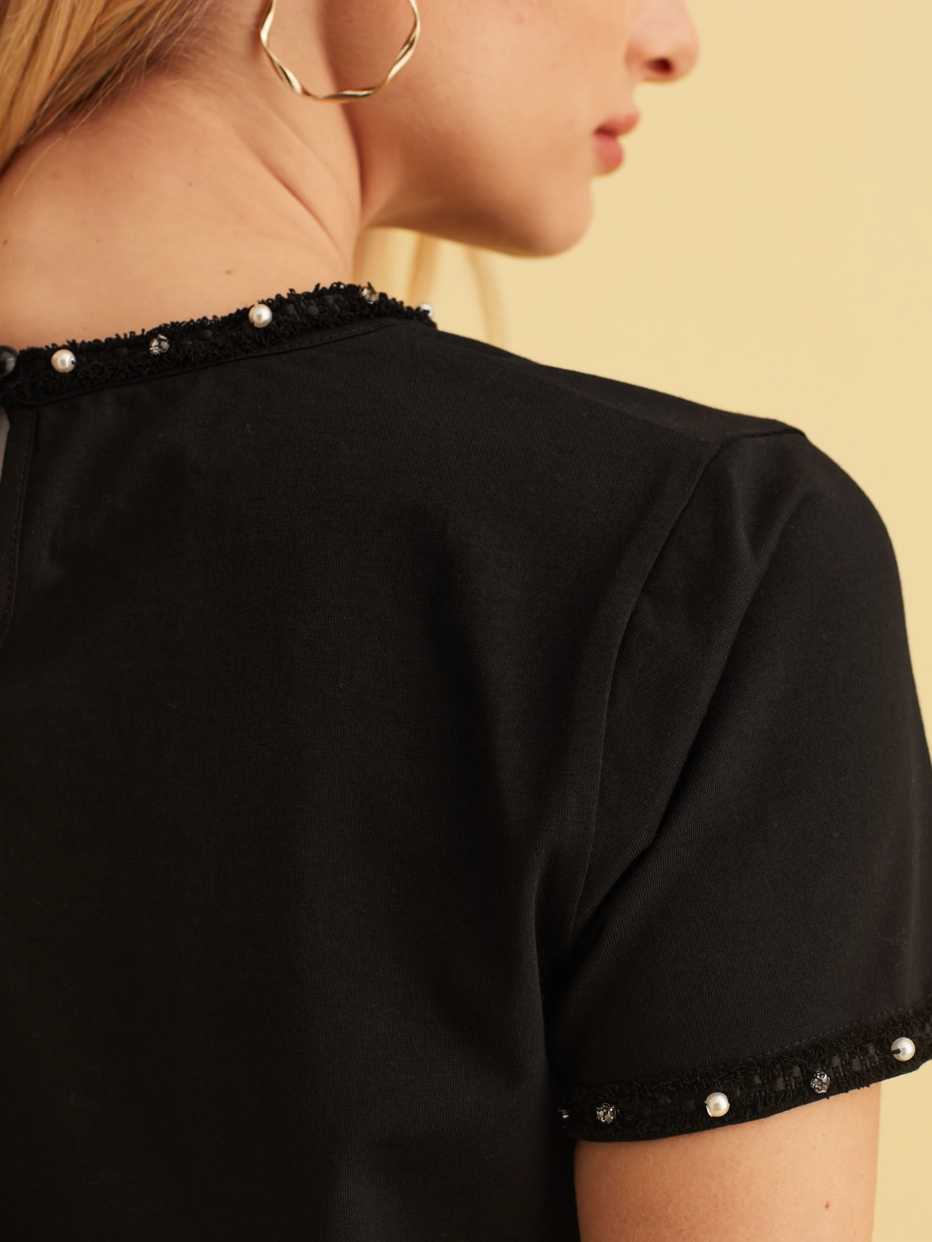 BLACK BLOUSE WITH TWEED TRIM