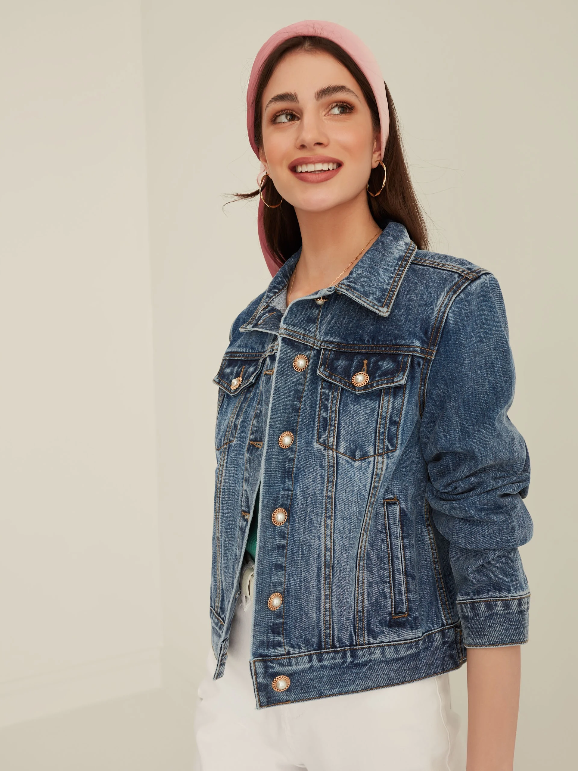 DENIM JACKET WITH PEARL BUTTONS
