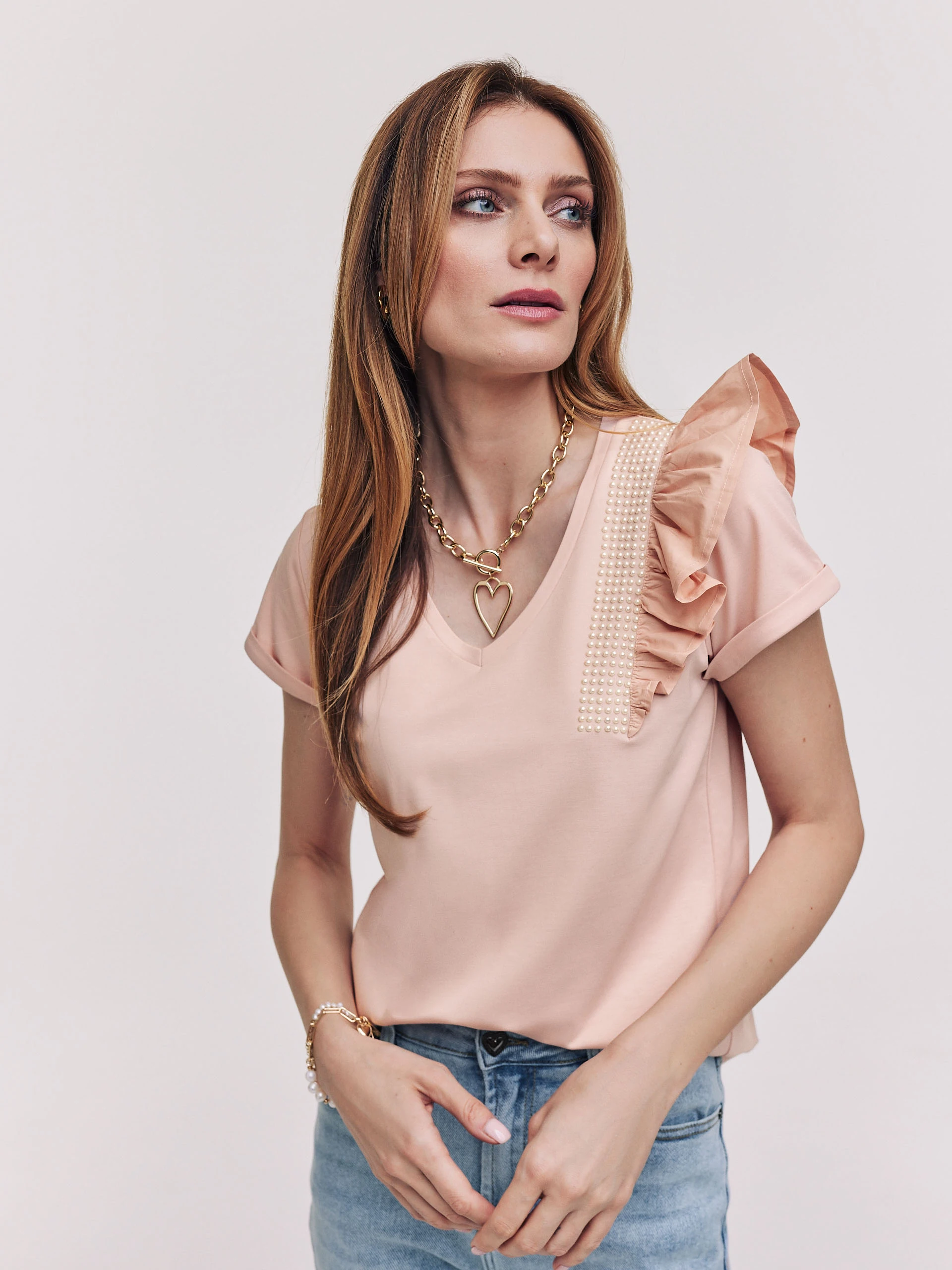 Powder pink T-shirt with ruffle trim