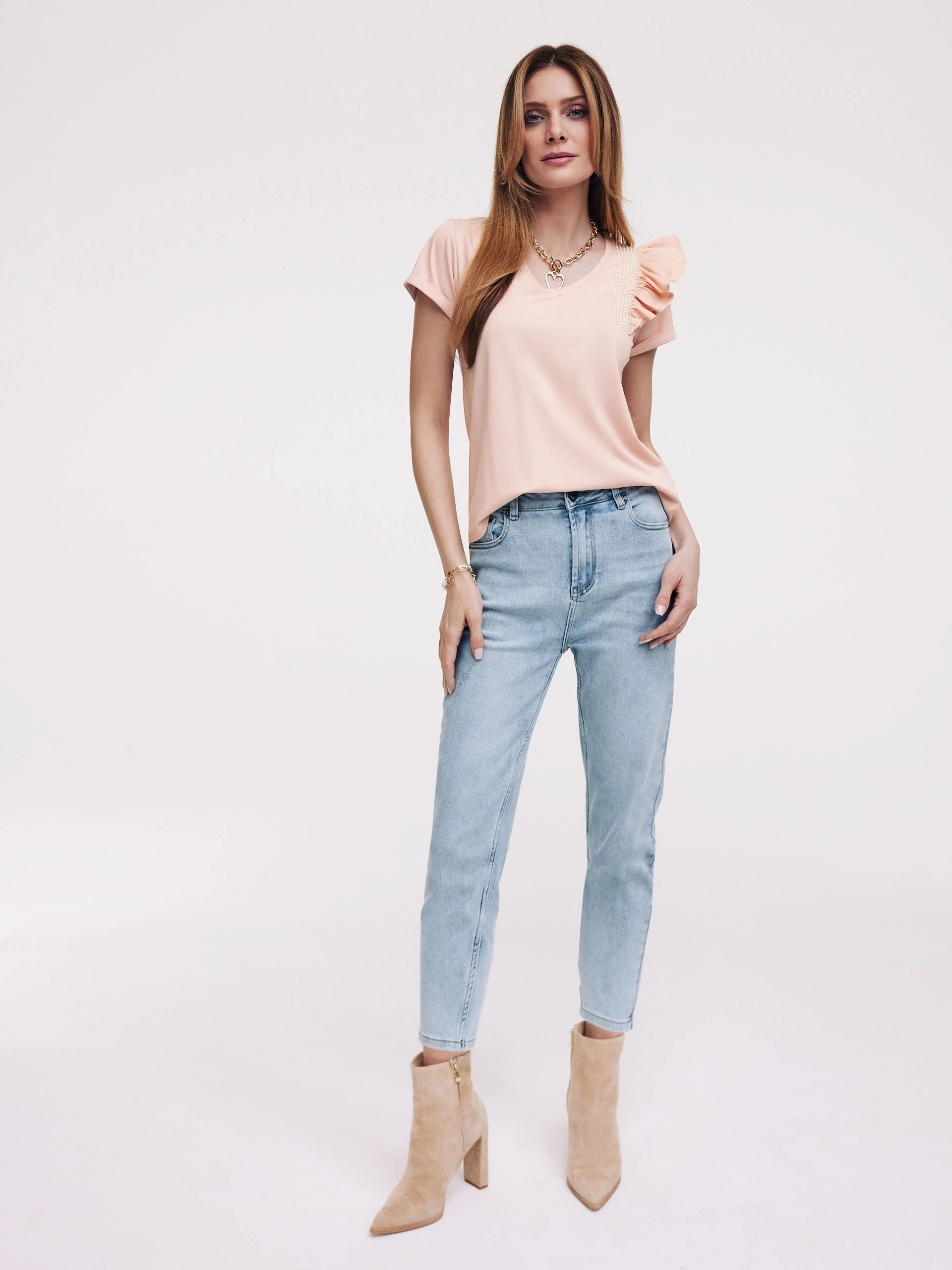 Powder pink T-shirt with ruffle trim