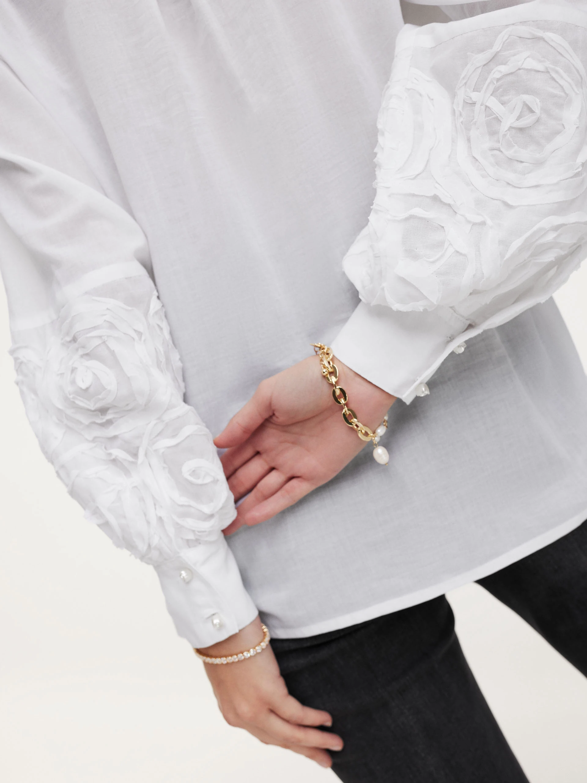 White shirt with buff sleeves