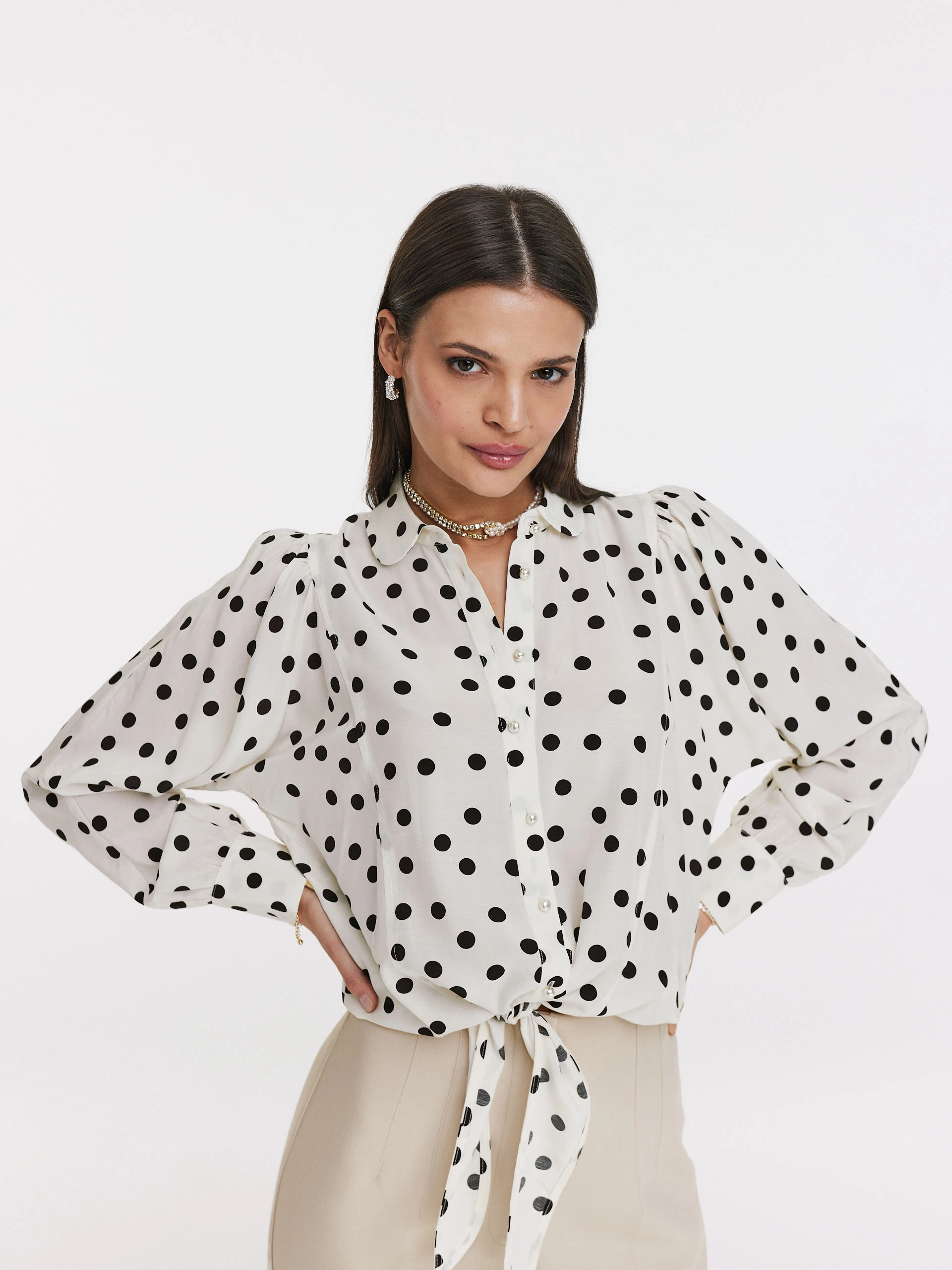 White shirt with black peas