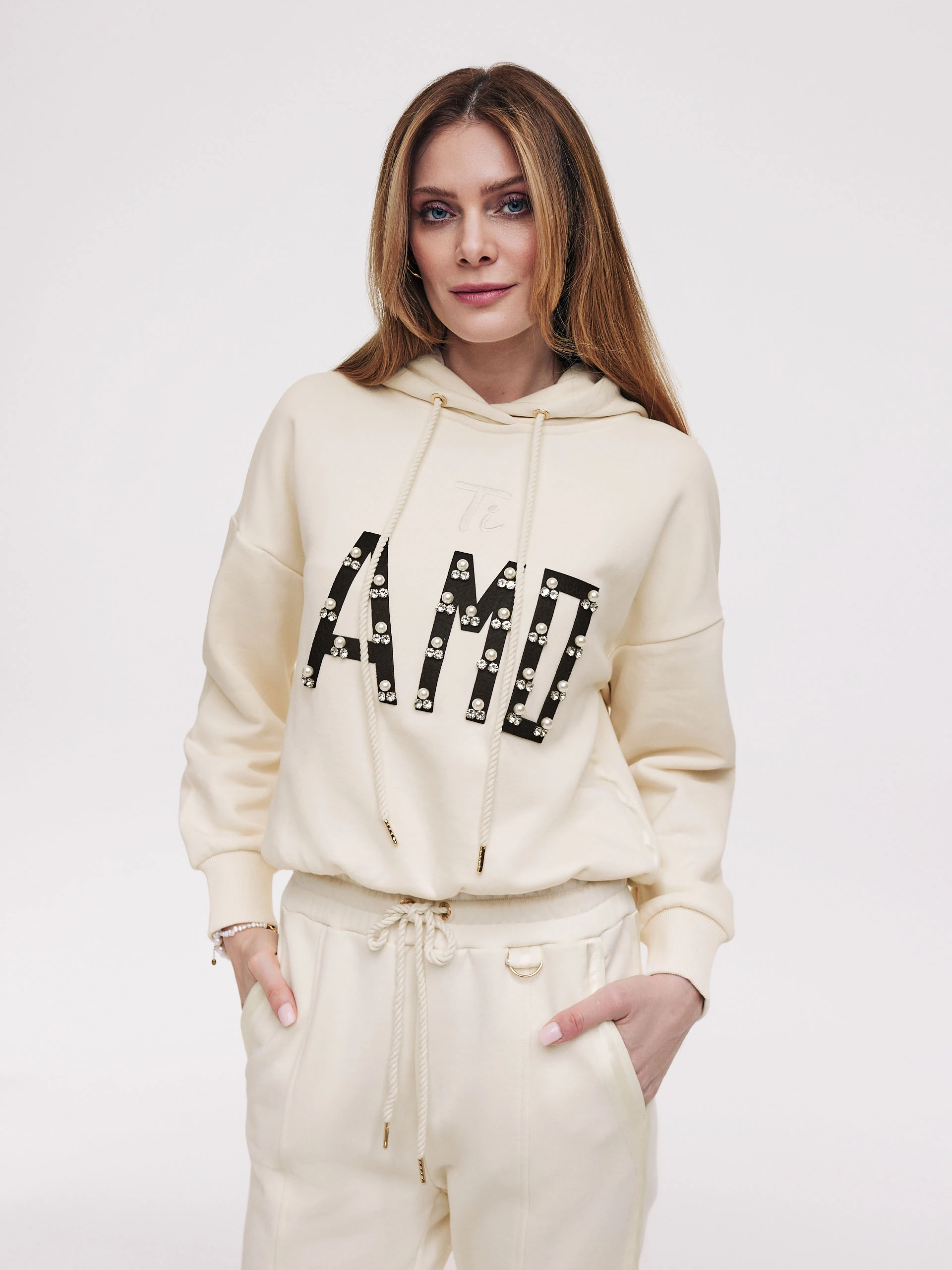 Cream sweatshirt with inscription and hoodie