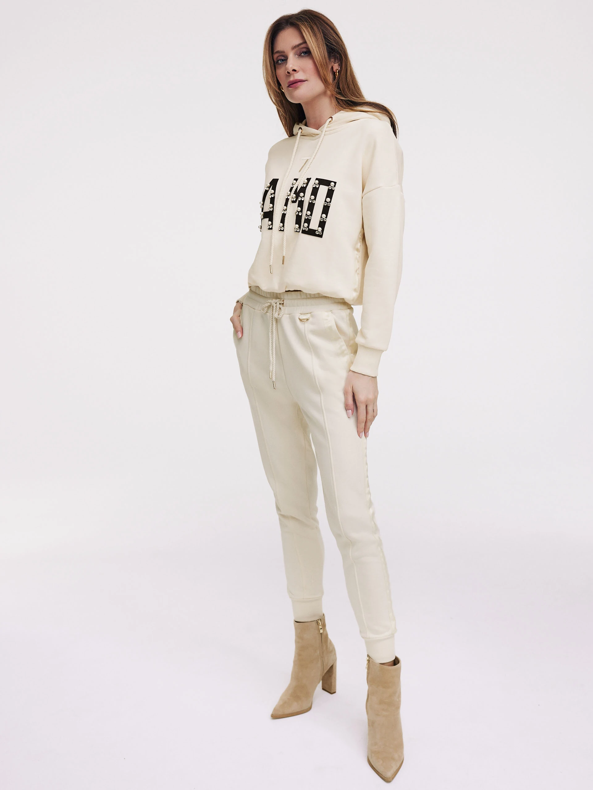 Cream sweatshirt with inscription and hoodie