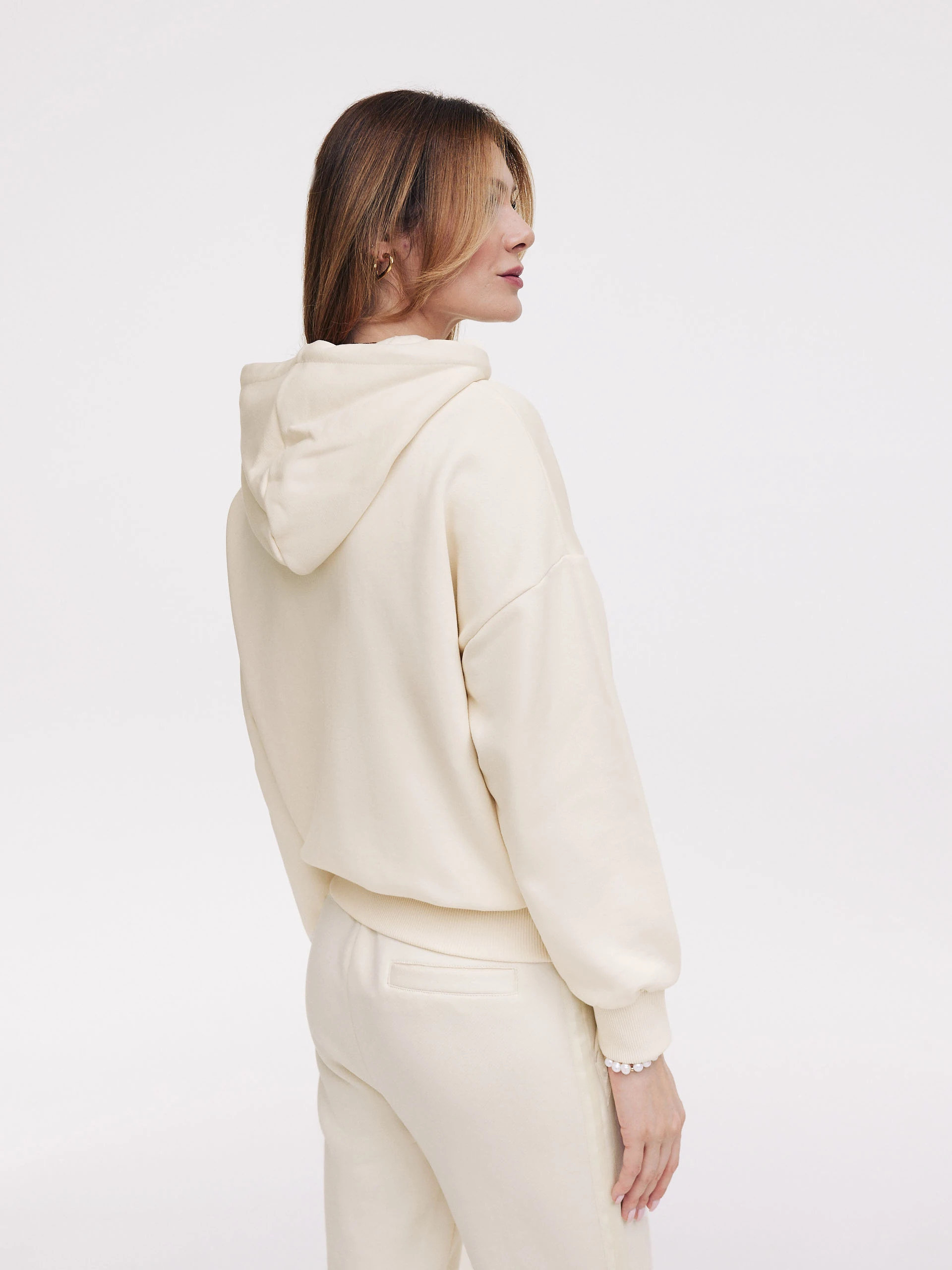 Cream sweatshirt with inscription and hoodie