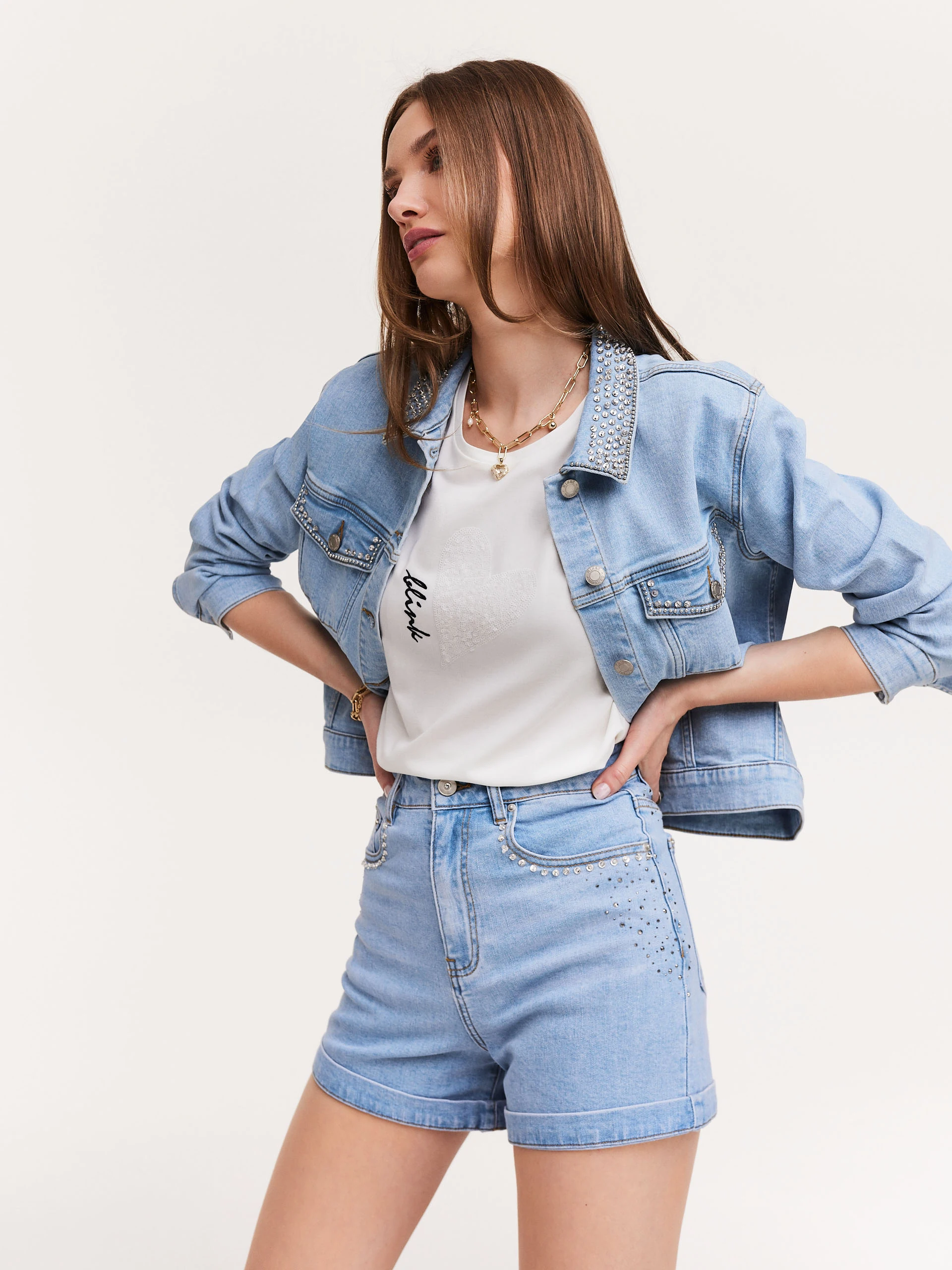 Light denim jacket with rhinestones