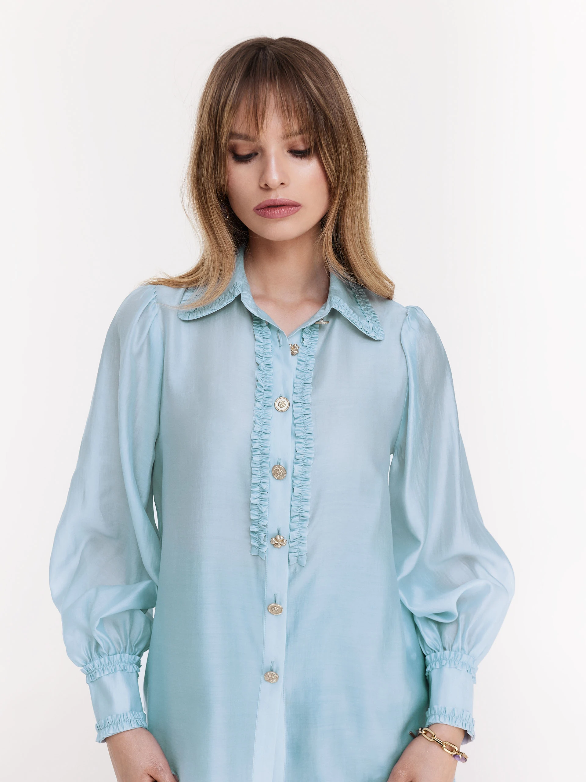 Light turquoise shirt with jabot