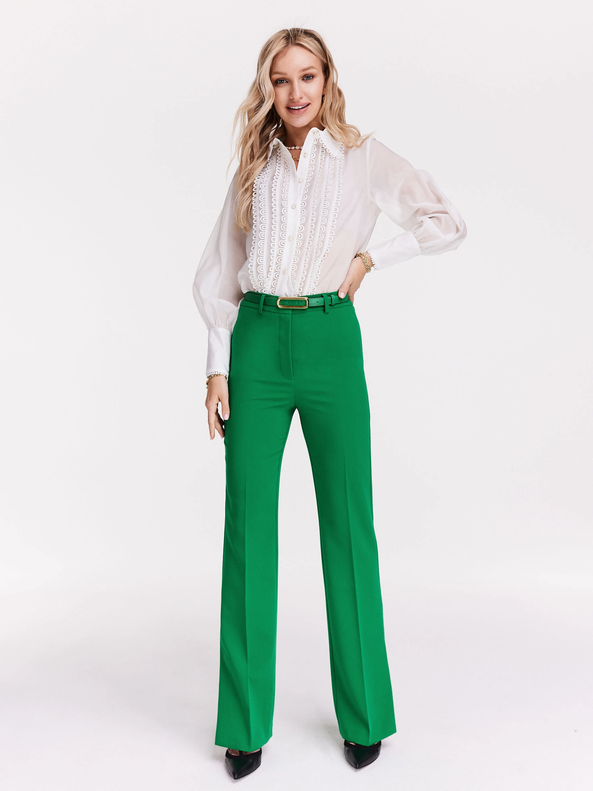 White shirt with jabot and pearl buttons