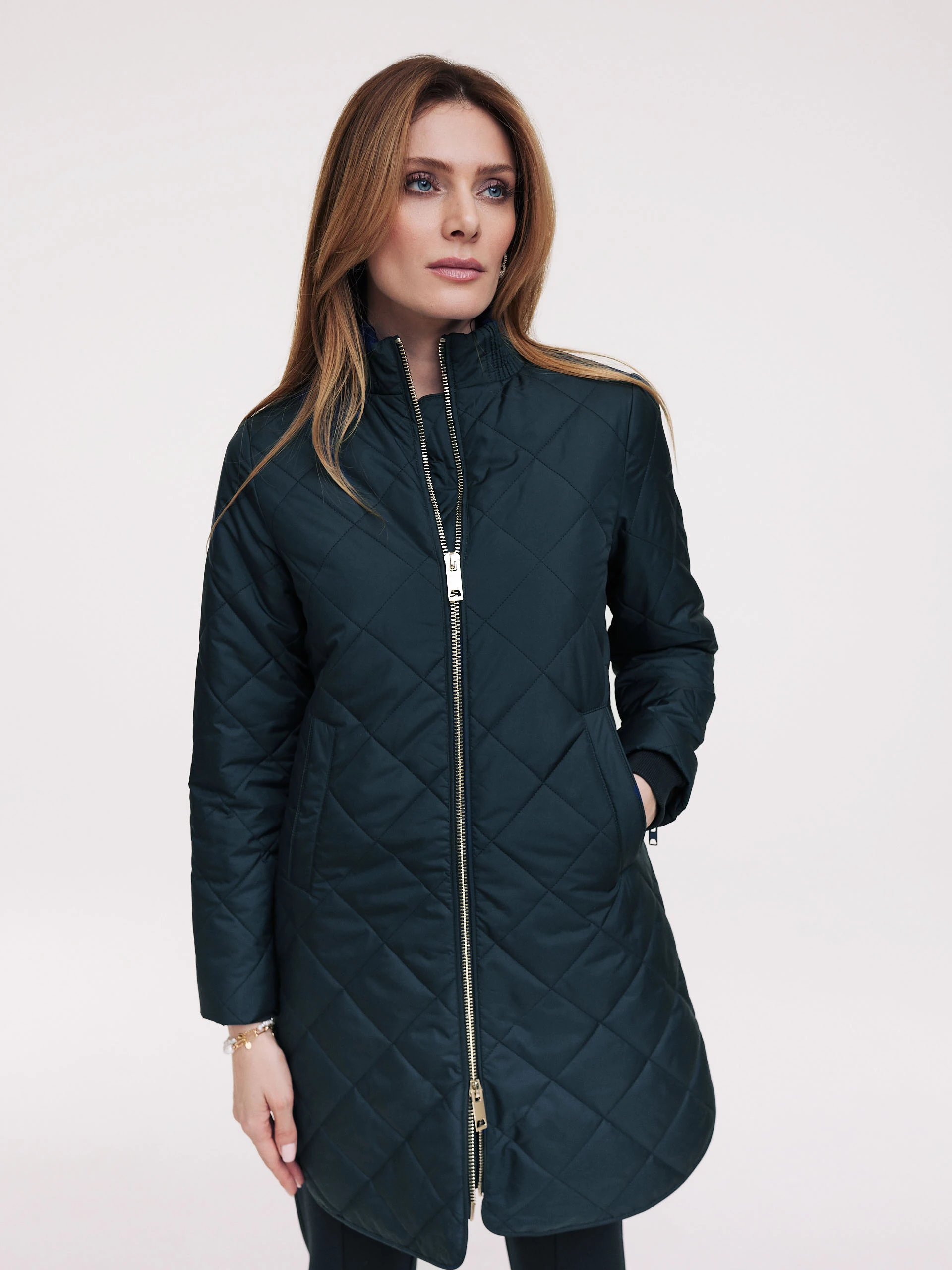 Navy blue quilted transitional coat