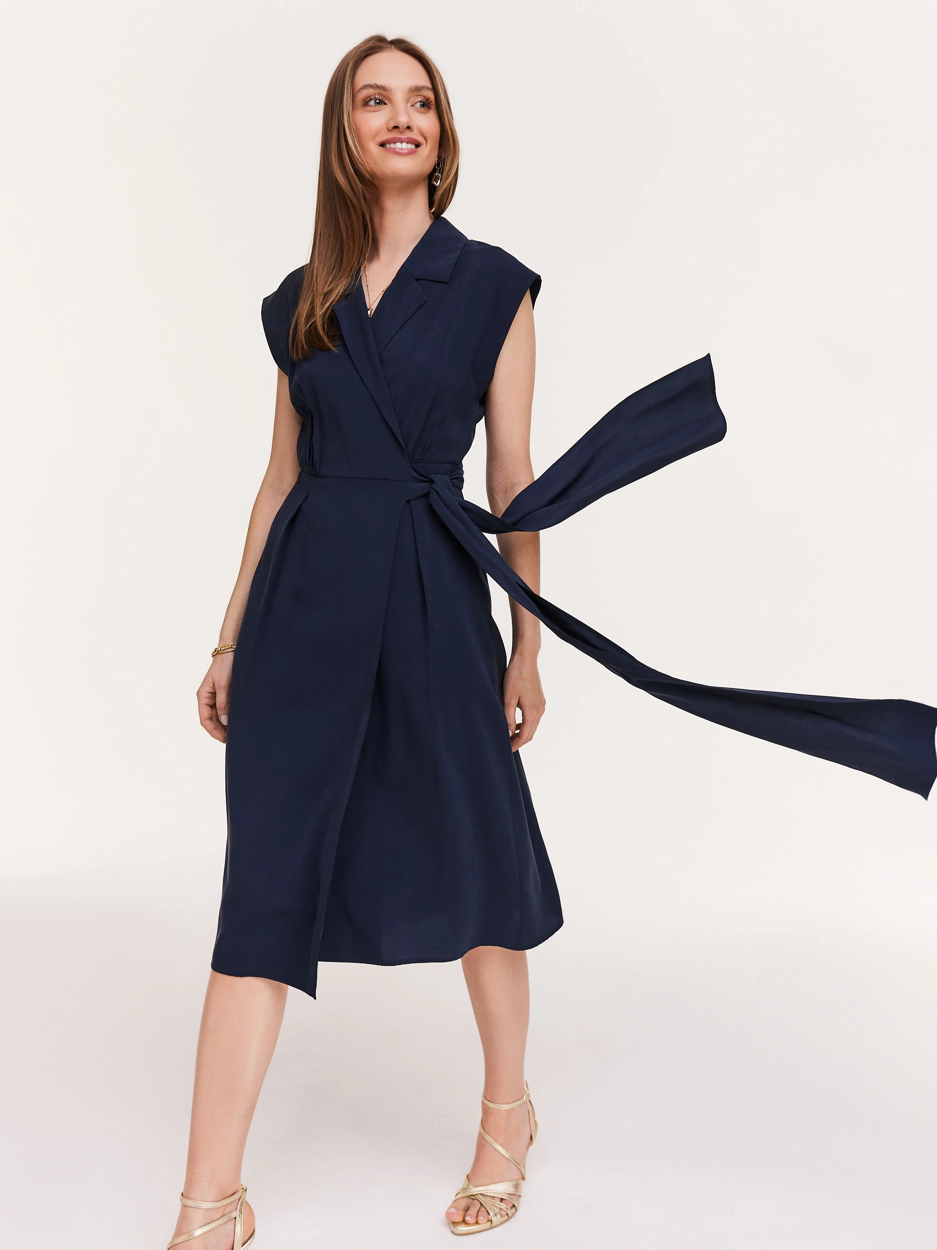 Navy blue dress with envelope neckline