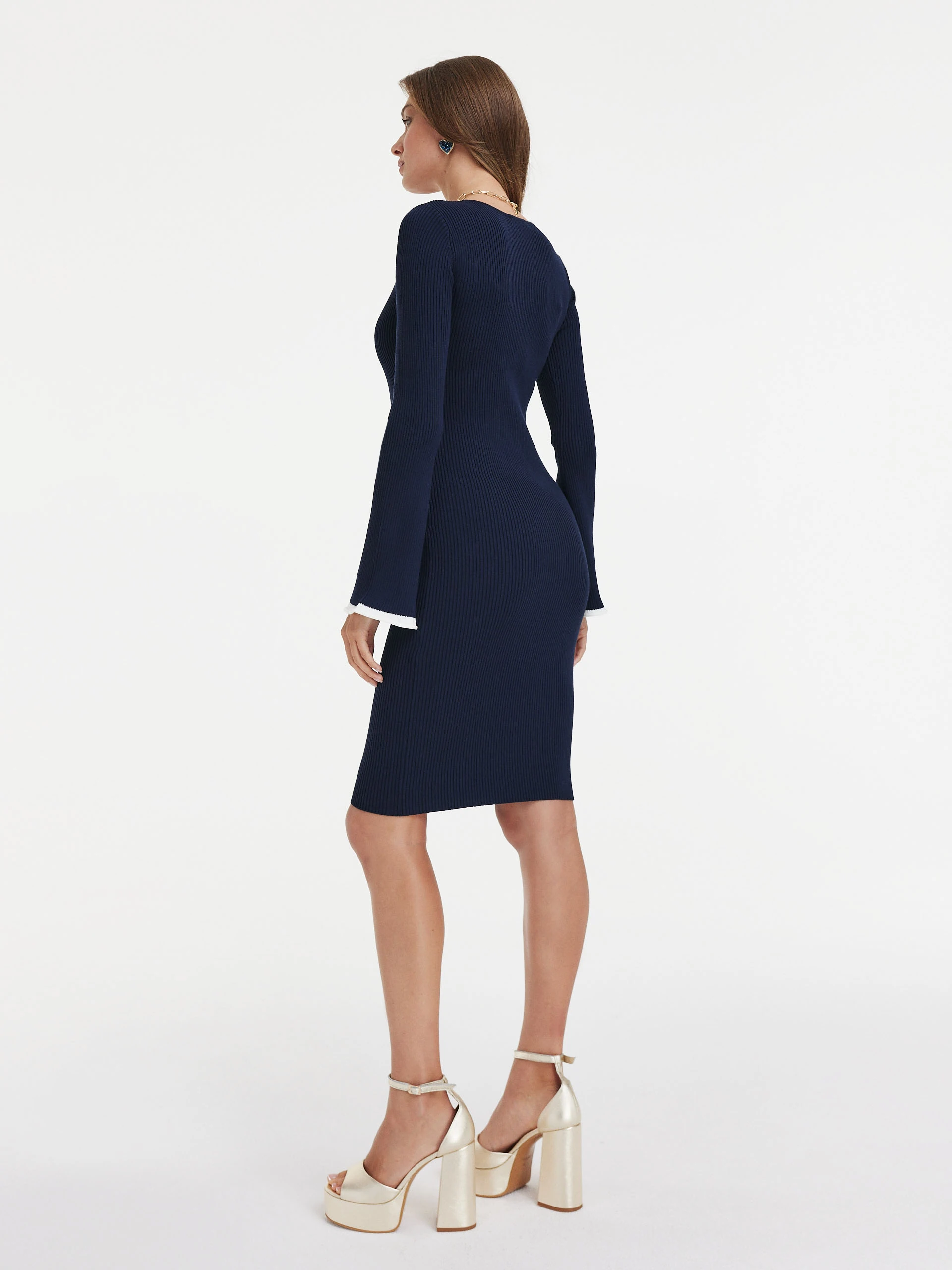 Navy blue knitted dress with decorative patchwork