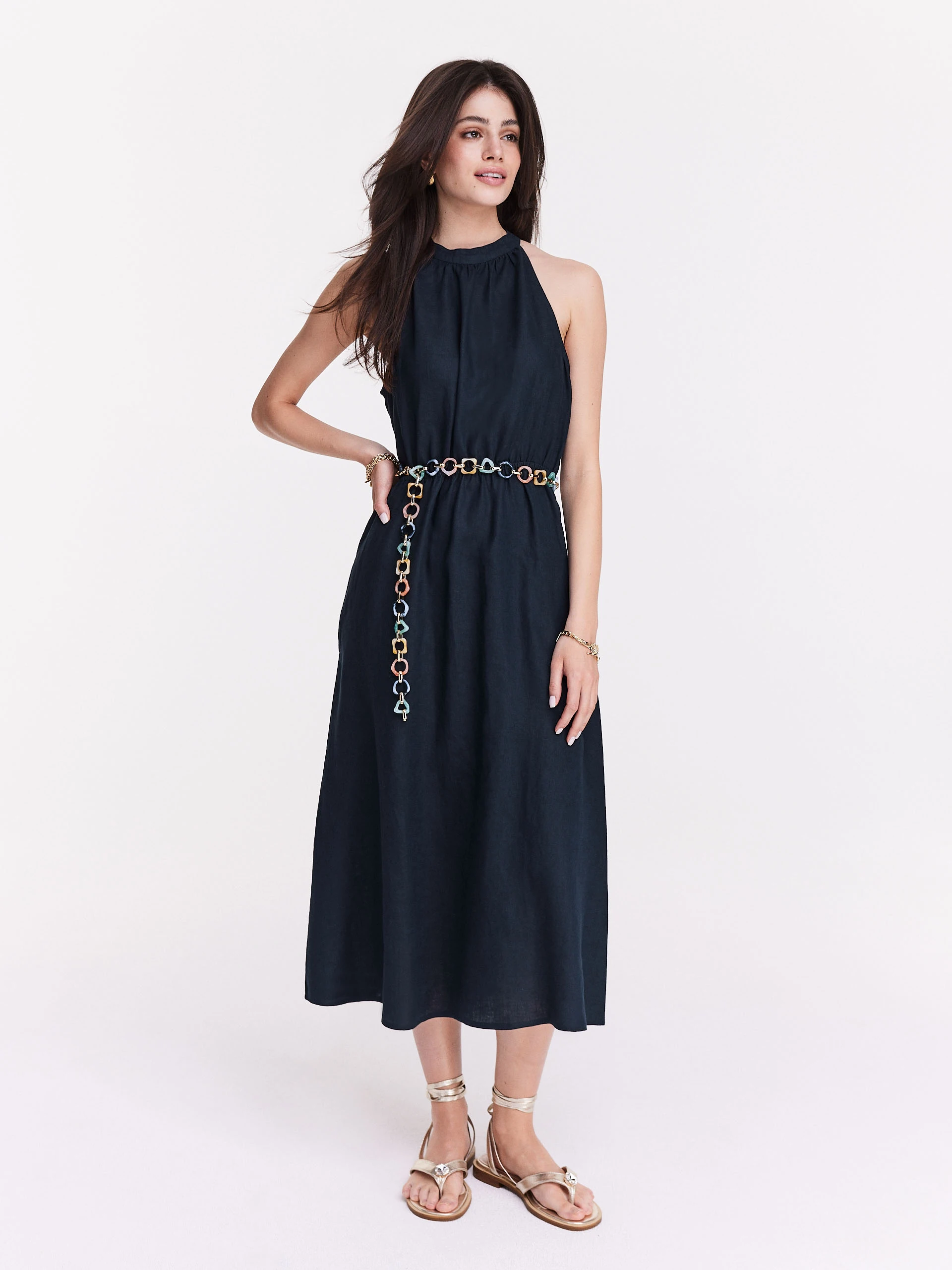 Navy blue linen midi dress