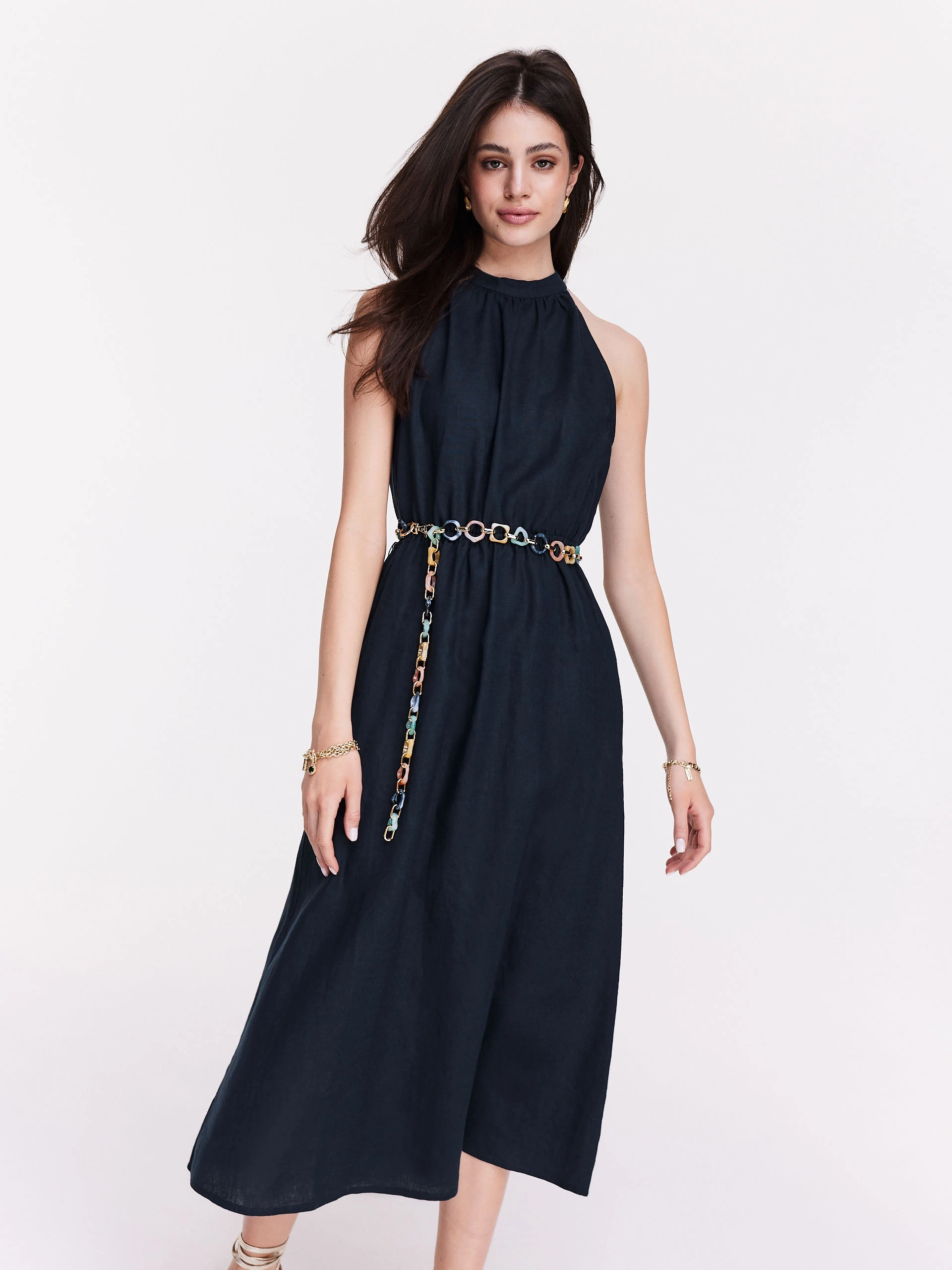 Navy blue linen midi dress