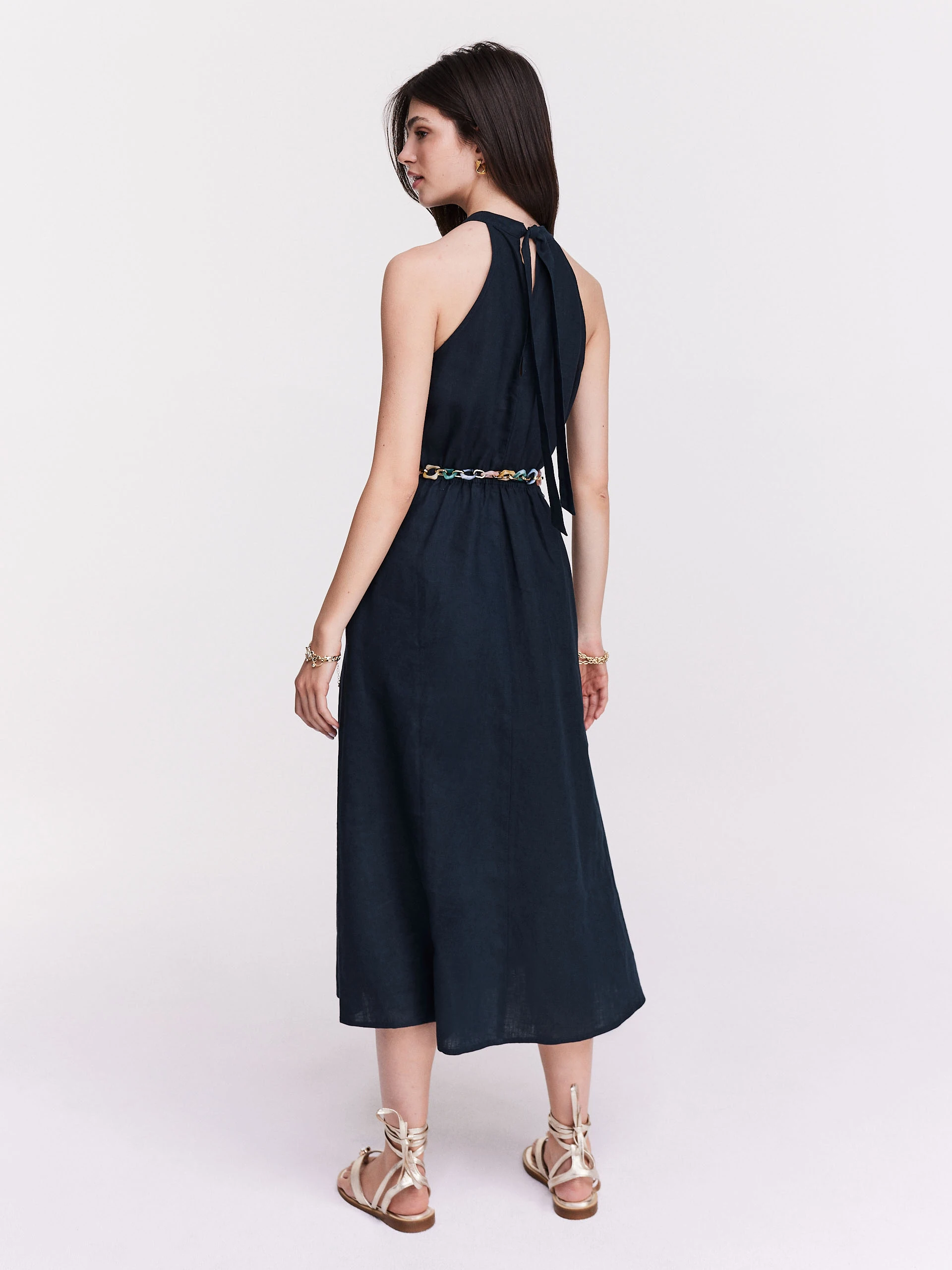 Navy blue linen midi dress