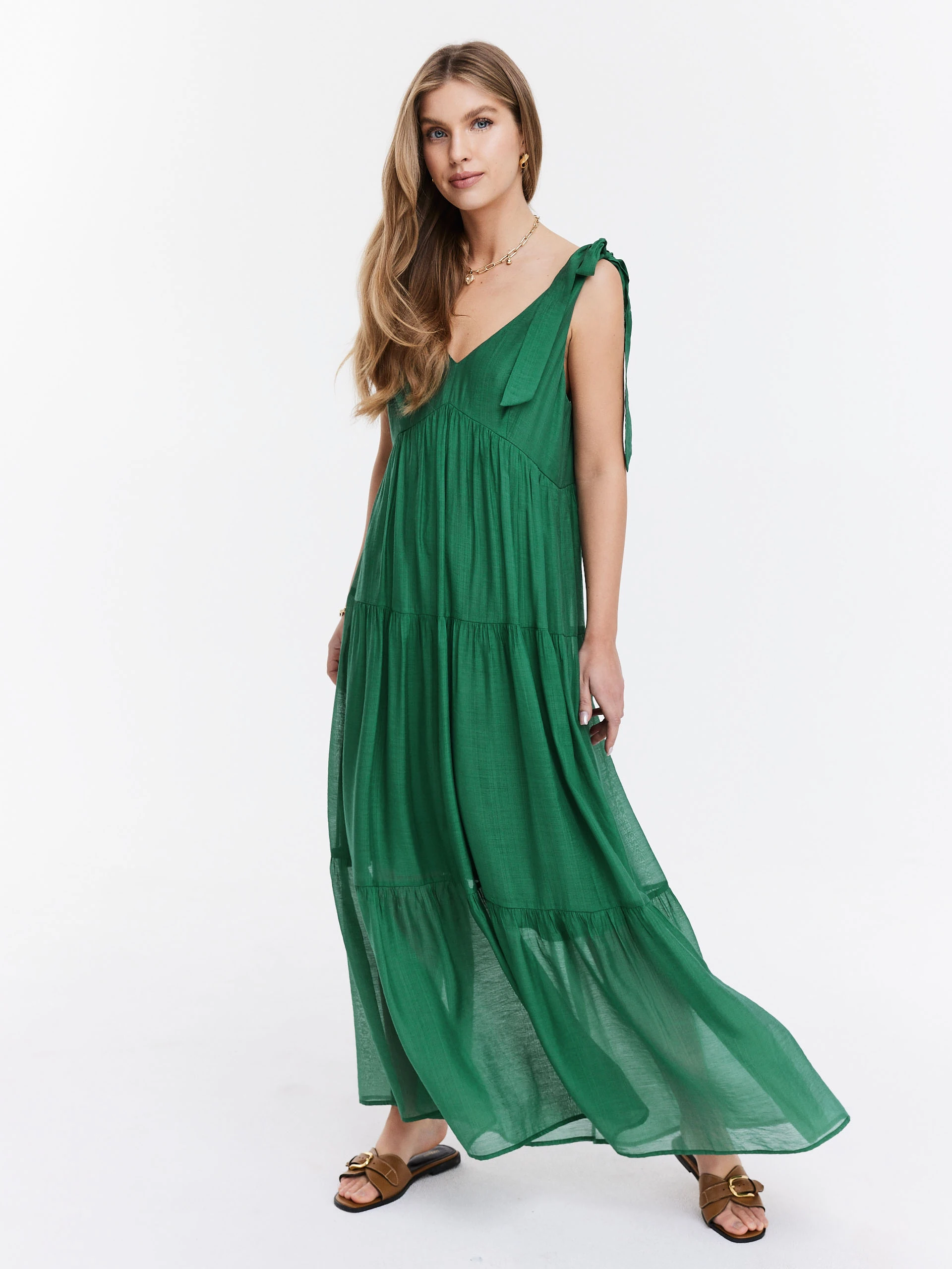 Green maxi dress with tied straps