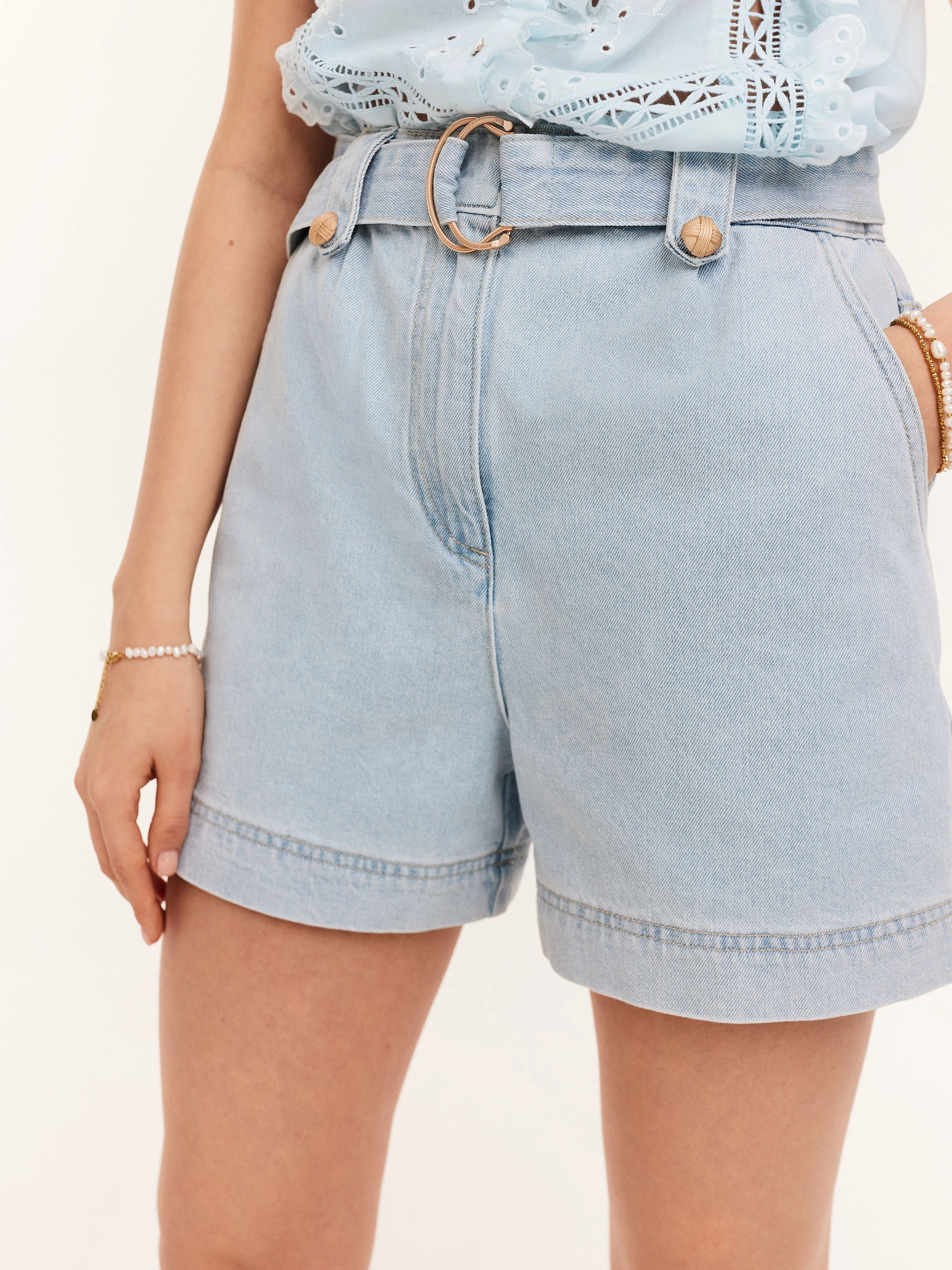 Blue high-waisted denim shorts