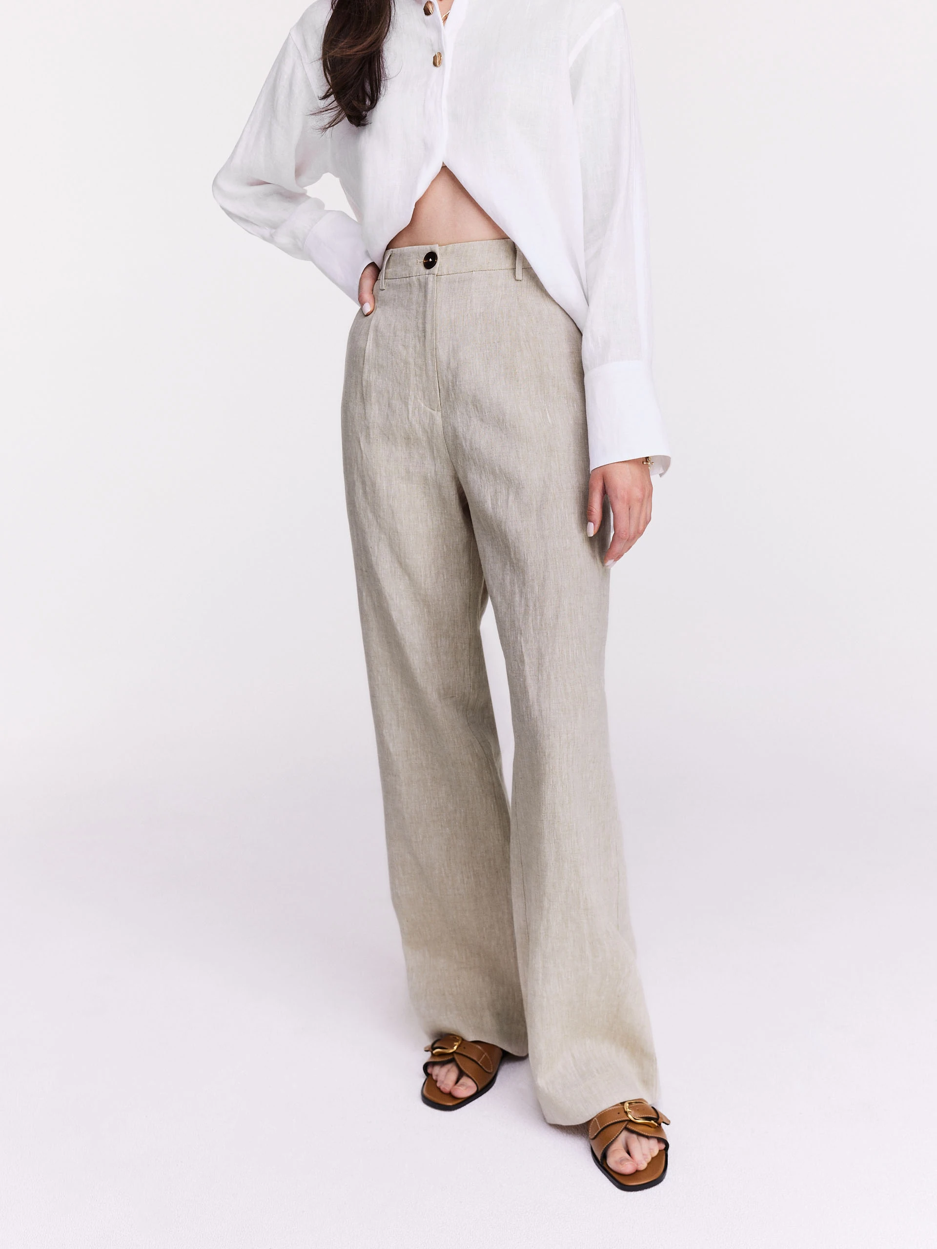 Beige linen high-waisted pants