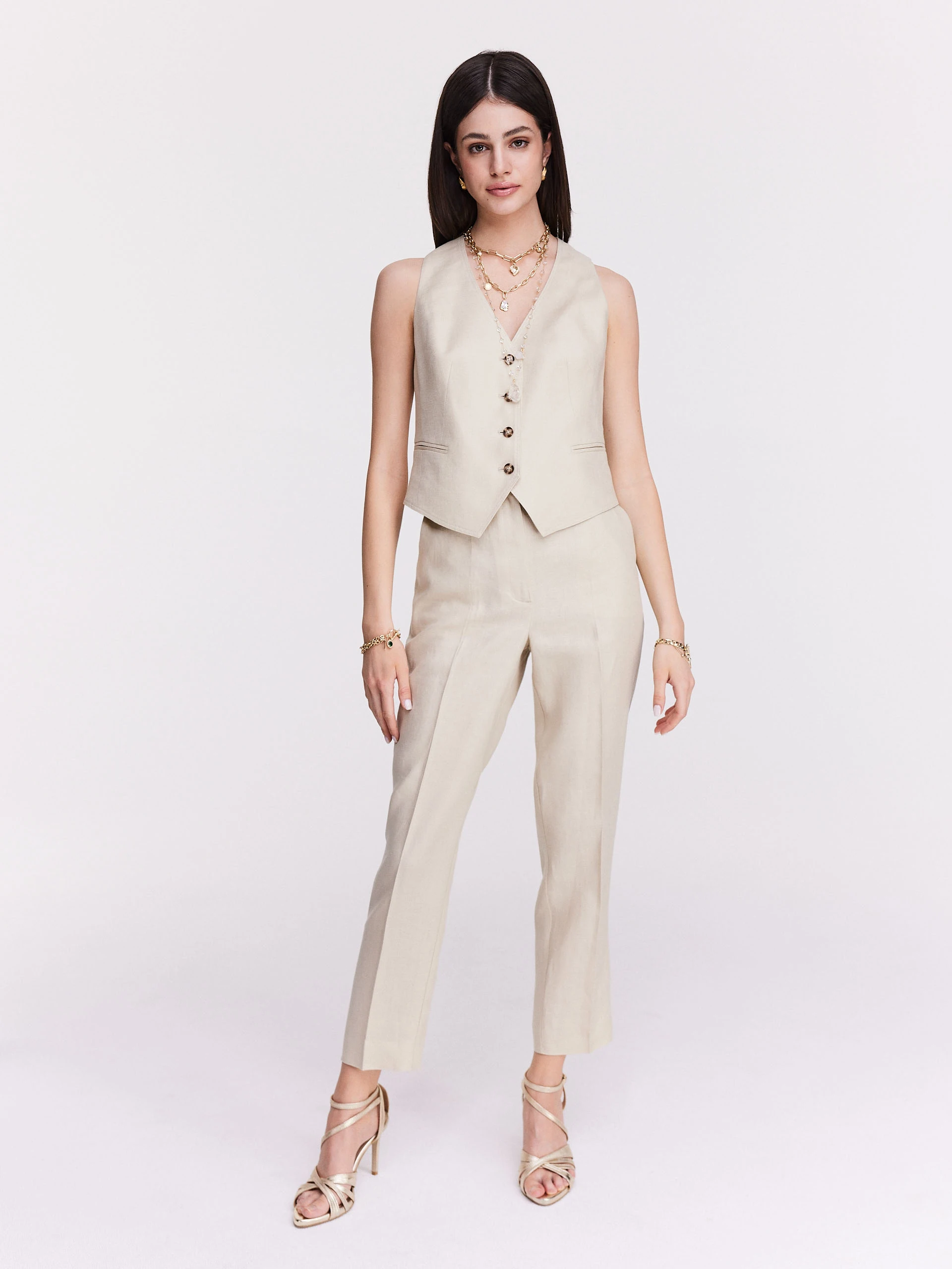Linen beige high-waisted pants