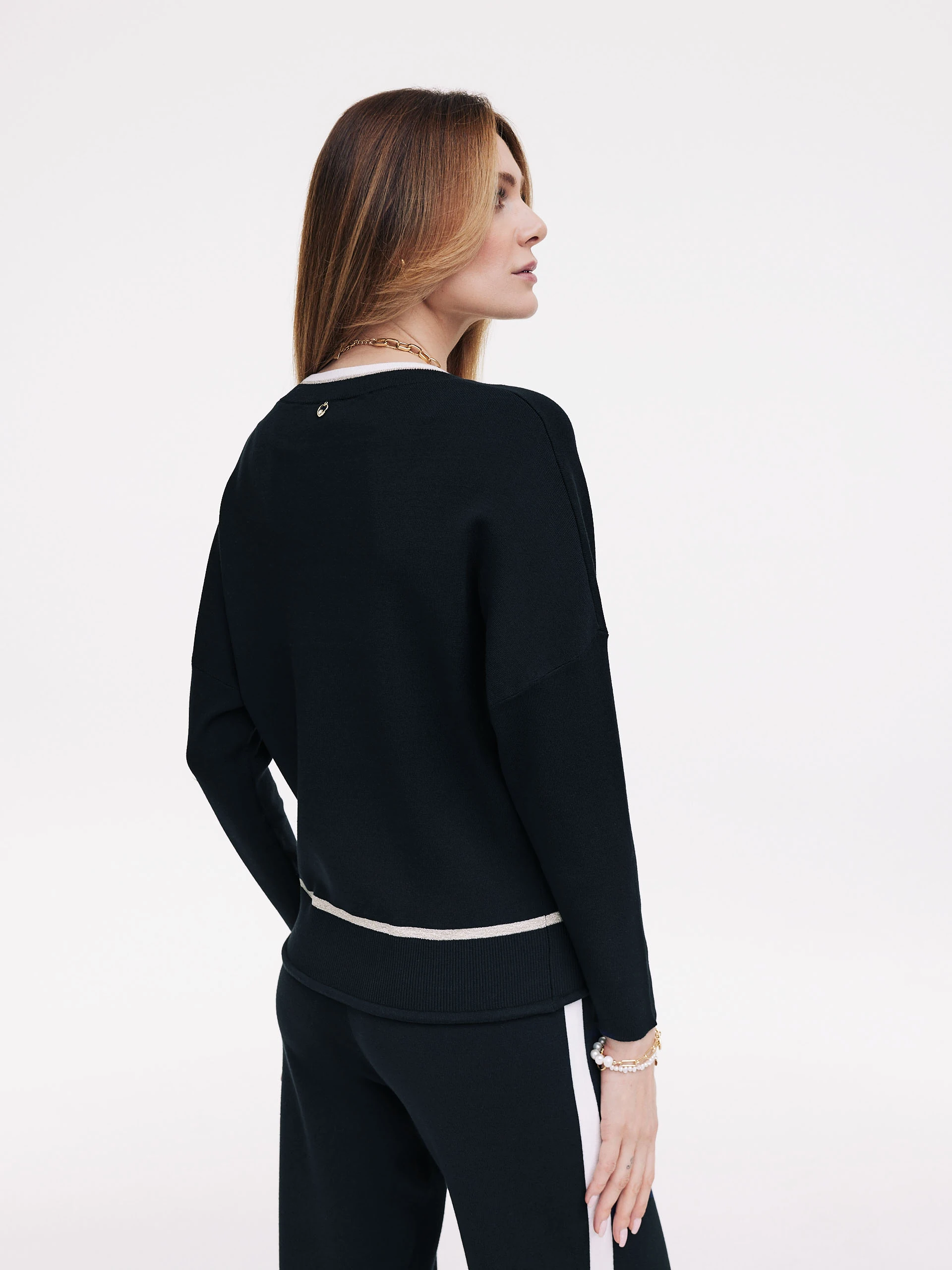 Navy blue sweater with metallic threads