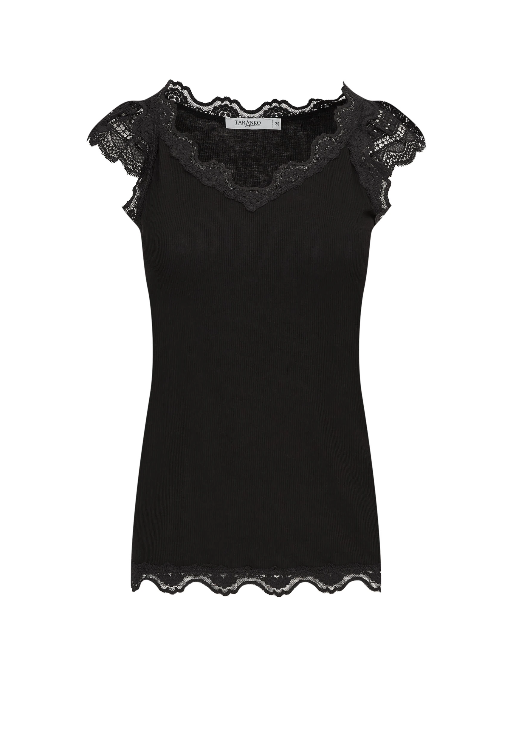Black blouse with short sleeves and lace inserts